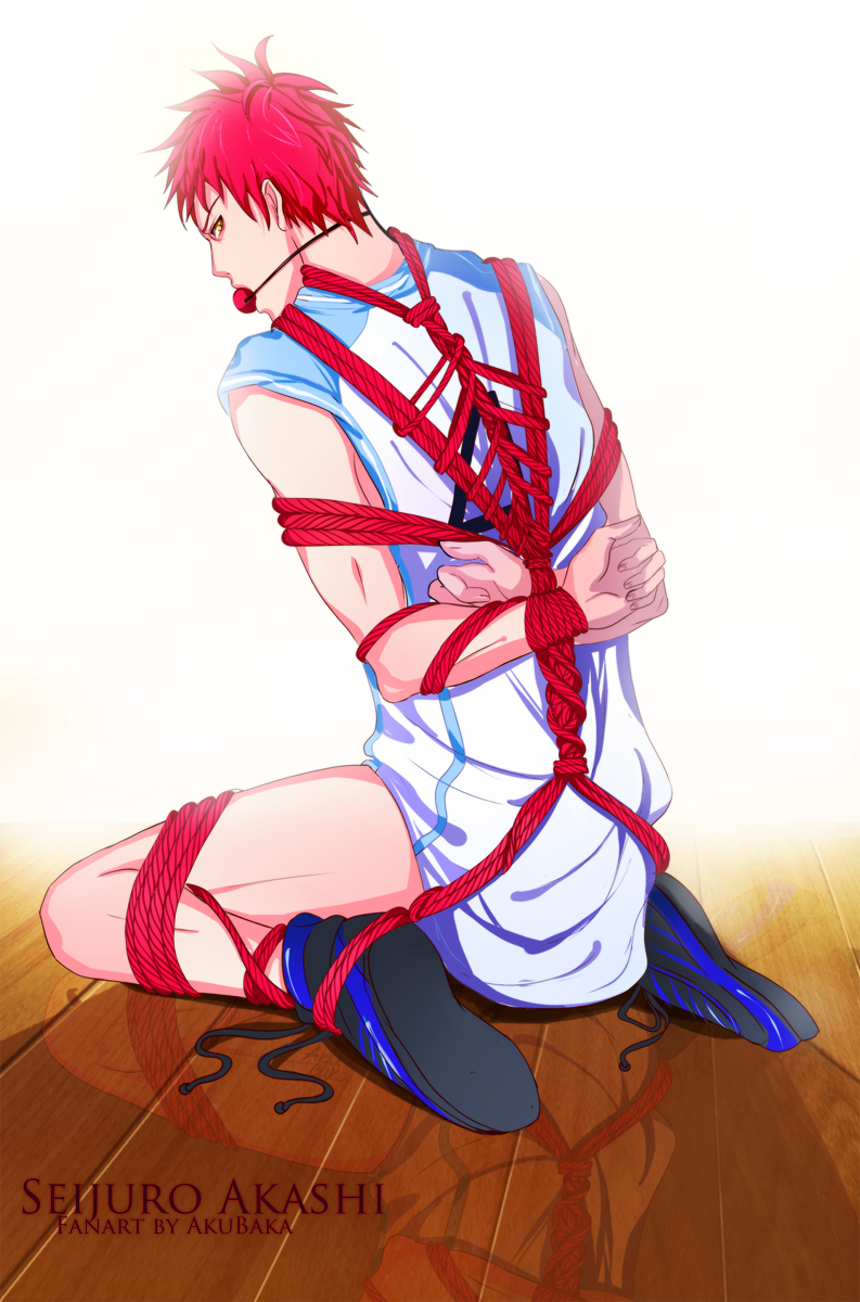 akashi_seijuurou akubaka arms_behind_back basketball_uniform bondage bottomless clothes color gag highres human kuroko_no_basuke looking_back male male_only pixiv_manga_sample red_hair solo sportswear yellow_eyes