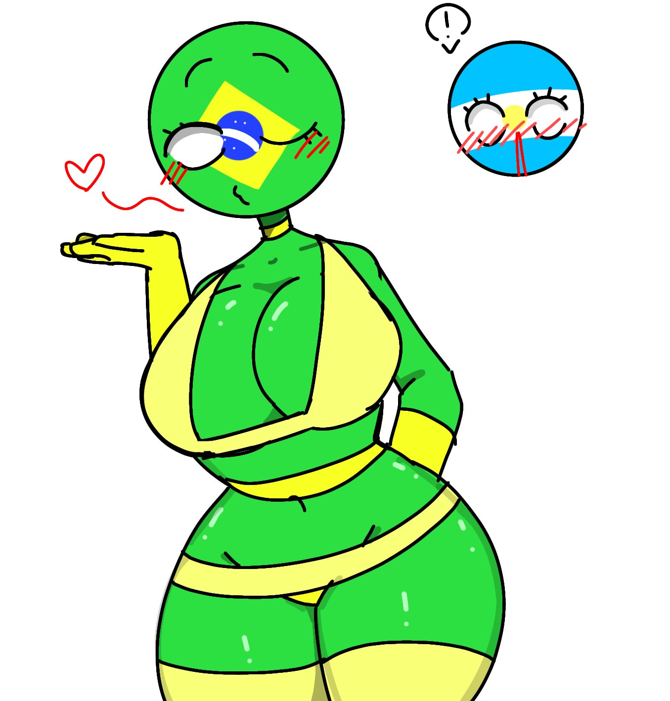 2girls argentina_(countryhumans) big_breasts blowing_kiss blushing brazil_(countryhumans) countryhumans countryhumans_girl green_skin one_arm_raised one_eye_closed tagme thick_thighs yellow_bra yellow_underwear