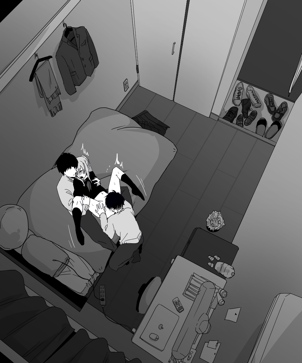 1girls, 2boys, above view, bed, bedroom, cunnilingus, female, horny, horny female, kuroki masaru, licking, male, moan, moaning, rape, room, shivering, threesome