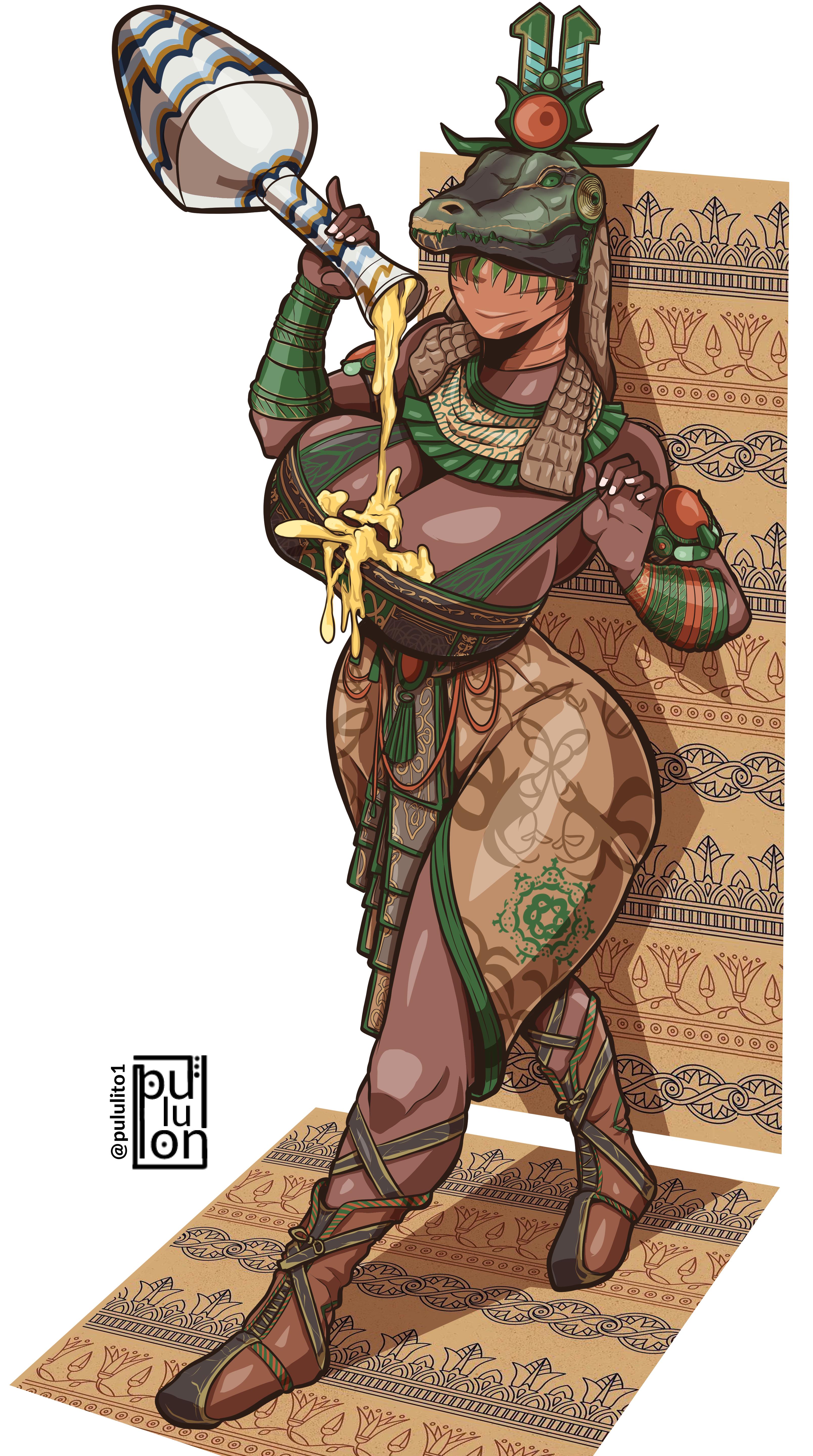 1girls, 2d, ass, big ass, big breasts, breasts, dark skin, dark-skinned female, egyptian, female, female only, for honor, masked female, medjay (for honor), pouring on self, puluito, rule 63, solo, solo female