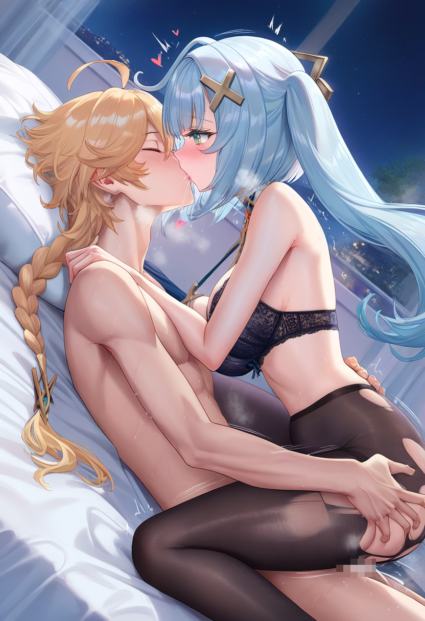 1boy 1girls aether_(genshin_impact) ai_generated bedroom faruzan_(genshin_impact) female genshin_impact horny_female long_hair male male/female mihoyo naked pleasure_face sex straight