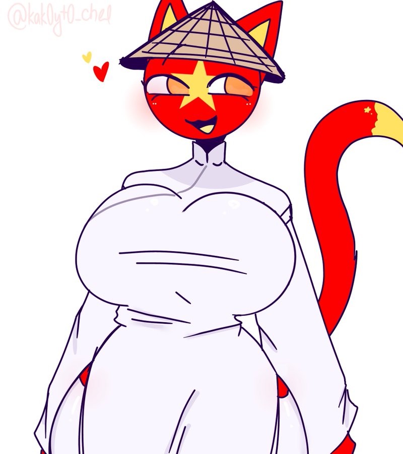 1girls asian_female big_ass big_breasts cat_ears cat_girl cat_tail countryhumans countryhumans_girl happy happy_female heart-shaped_pupils kak0yt0_chel looking_back open_mouth open_smile red_skin smile star straw_hat tagme vietnam_(countryhumans) vietnamese white_clothing