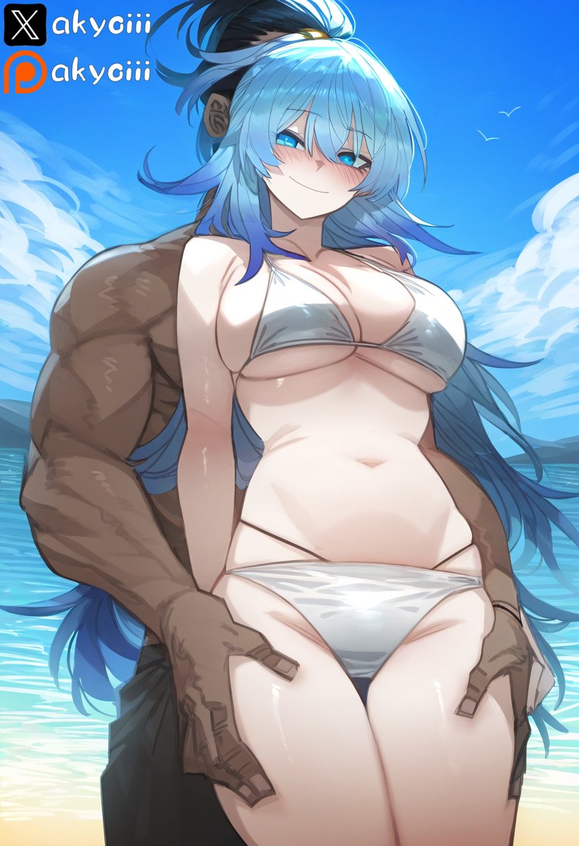 1boy 1girls ai_generated akyoi aqua_(konosuba) beach bikini blue_eyes blue_hair breasts closed_mouth dark-skinned_male dark_skin female hair_ornament hand_on_thigh kono_subarashii_sekai_ni_shukufuku_wo! looking_back standing very_long_hair white_bikini