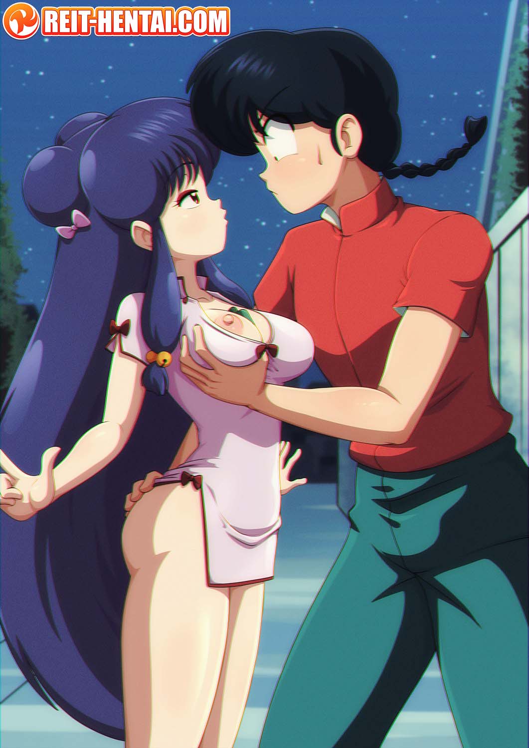 1boy female grabbing grabbing_breasts looking_at_partner purple_hair ranma_1/2 ranma_saotome reit shampoo_(ranma_1/2) side_view tagme watermark