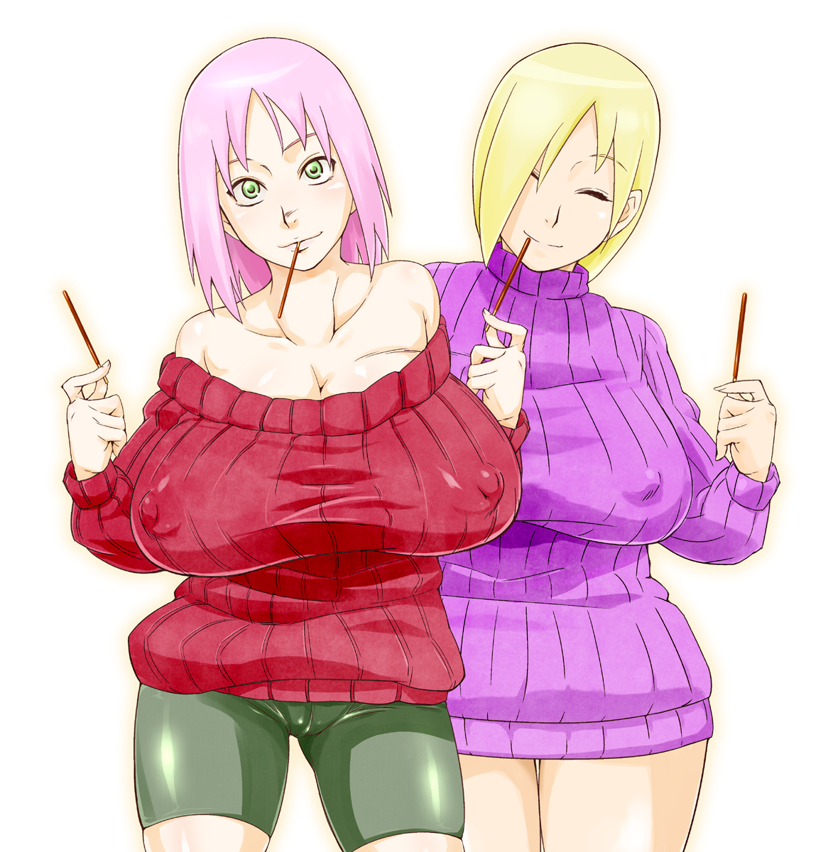 alternate breast size, breasts, clothed, female, female only, huge breasts, human, ino yamanaka, multiple females, naruto, naruto (series), naruto shippuden, nipples, ribbed sweater, sakura haruno, sunahara wataru, sweater