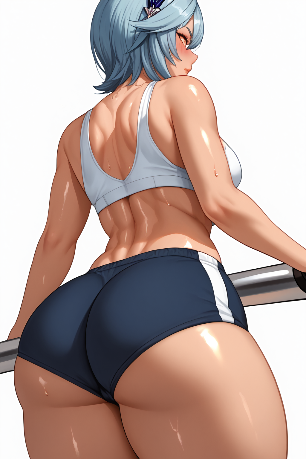 ai generated, ass, ass focus, back view, eula (genshin impact), fat ass, female, genshin impact, gym uniform, huge ass, muscular, muscular female, oiled skin, shiny skin, shorts, sportswear, sweat, thick thighs, tight clothing
