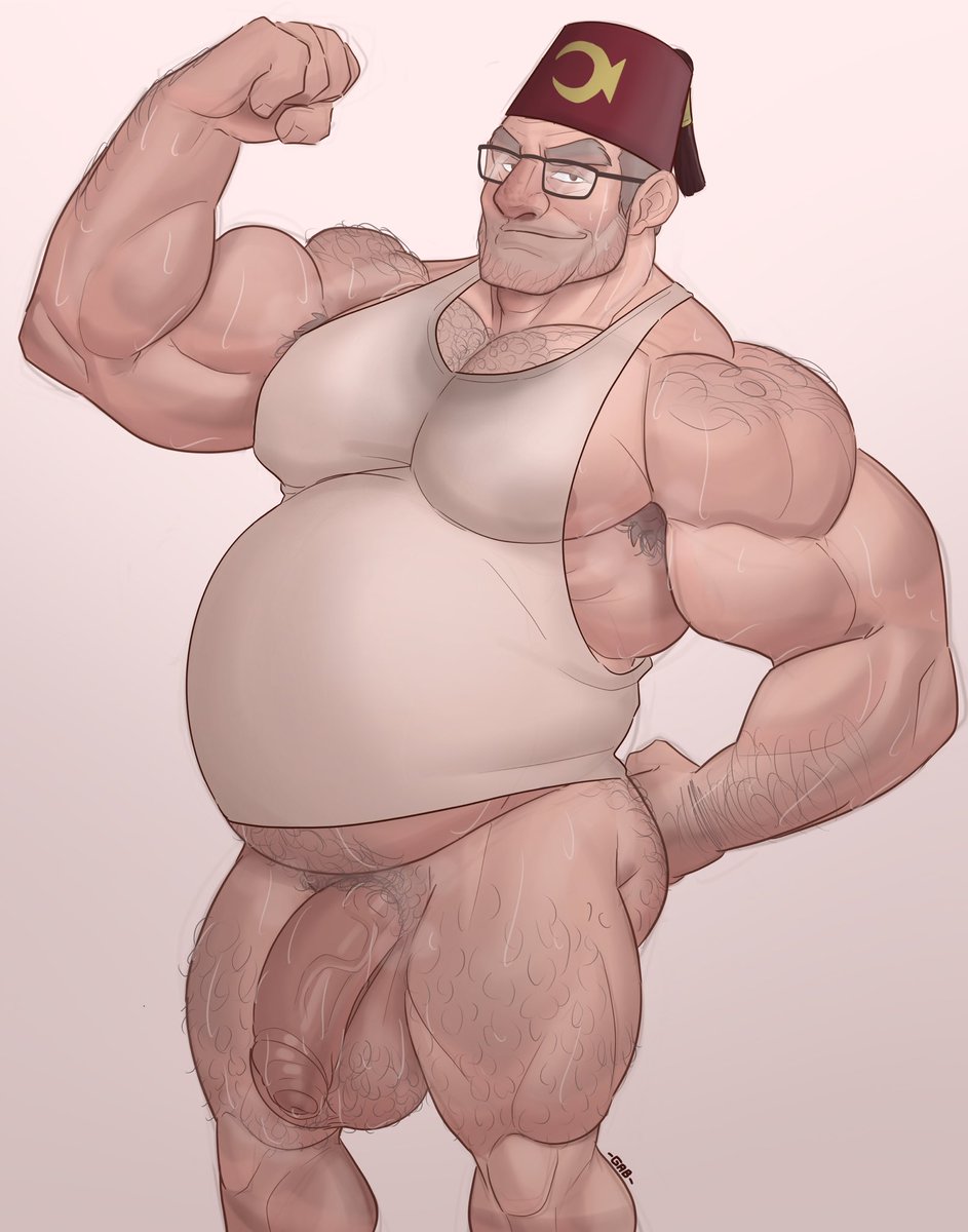 balls bara big_balls big_penis body_hair bottomless flaccid flexing gab_art gravity_falls male male_only muscles muscular overweight pantsless penis solo solo_male stanley_pines sweat sweating tank_top