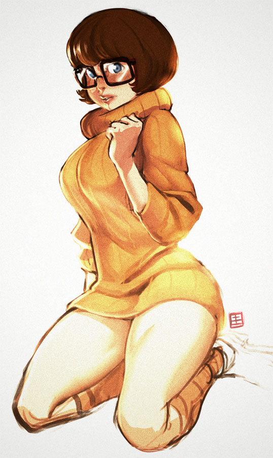 blue eyes, bottomless, breasts, brown hair, cartoon network, curvy, female, female only, footwear, freckles, glasses, hanna-barbera, hips, human, kneehighs, kneeling, no panties, qiqo, scooby-doo, short hair, sleeves pushed up, socks, solo, sweater, sweater dress, thighs, turtleneck, velma dinkley, white background