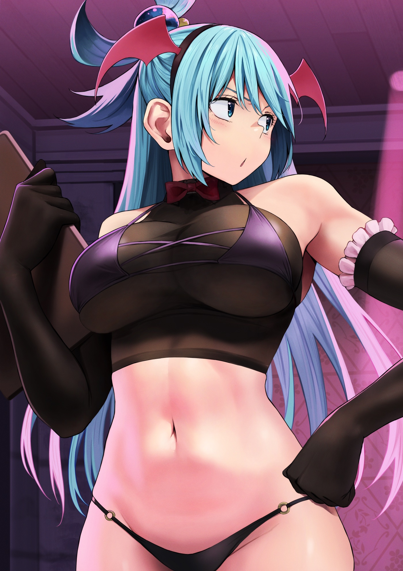 1girls, alternate costume, aqua (konosuba), aqua eyes, aqua hair, bikini, blue eyes, blue hair, crop top, demon, detailed background, ear, female, female only, gloves, hand on hip, izawa (bhive003), kono subarashii sekai ni shukufuku wo!, see-through, see-through clothing, succubus, succubus costume, topwear, uketsuke succubus (konosuba) (cosplay), wide hips