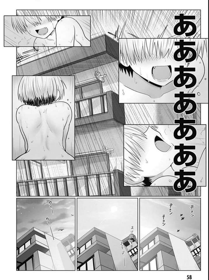 1girls ass_peek backshots bare_back black_and_white building canon canonical_sex comic_page completely_nude completely_nude_female doujinshi eyes_covered fangs implied_sex intense_sex looking_pleasured manga manga_page moaning official official_art open_mouth page_58 page_number passionate short_hair steamy_breath sweat torogao uzaki-chan_wa_asobitai! uzaki_hana