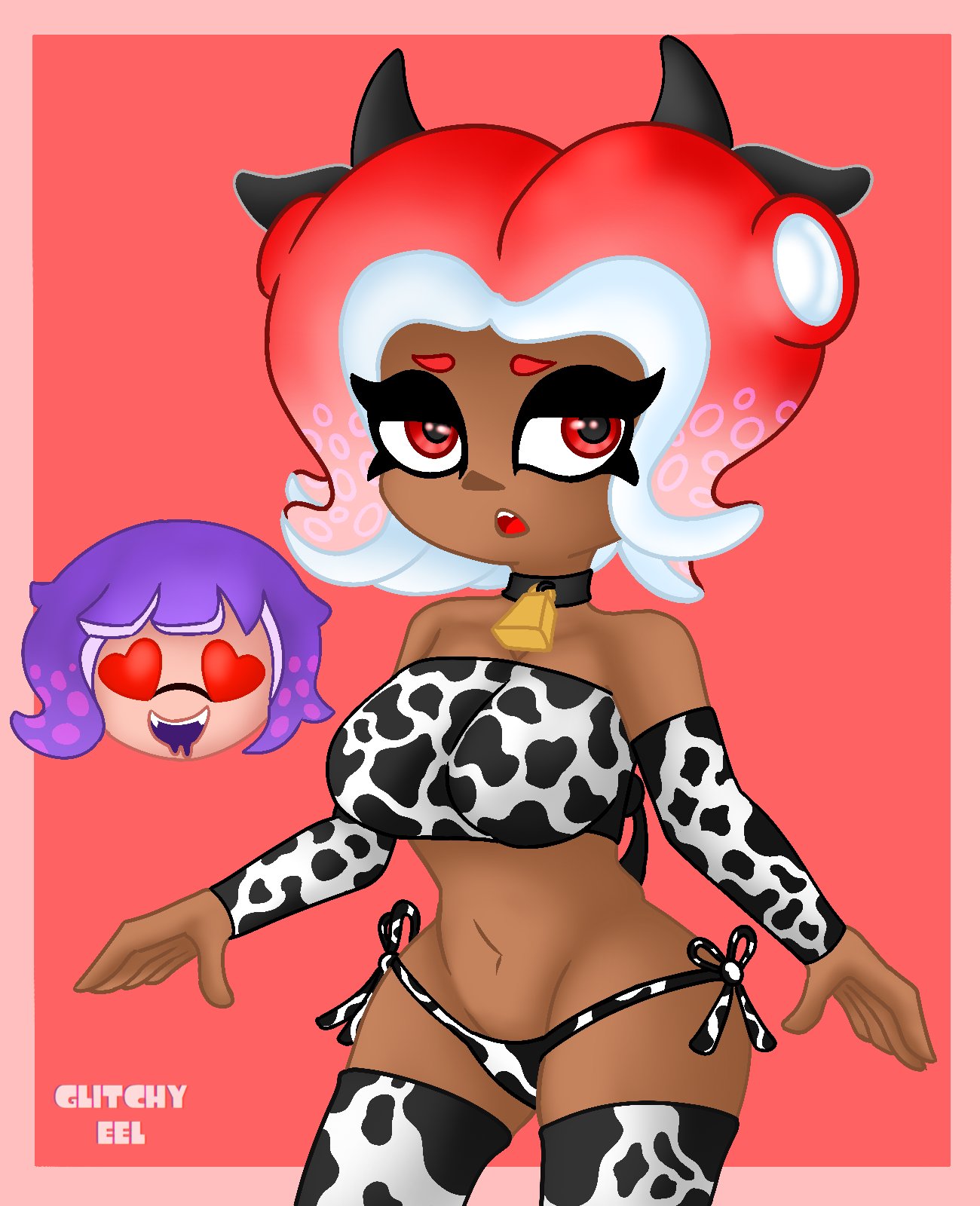 1girls 2024 2d 2d_(artwork) 2d_artwork artist_name big_breasts big_thighs bikini cow_ears cow_horns cow_print cowbell cowgirl dark-skinned_female dark_skin drooling embarrassed embarrassed_female fangs female glitchy_eel heart_eyes inkling inkling_boy large_breasts light-skinned_male light_skin looking_away marine marine_humanoid mollusk mollusk_humanoid nintendo oc octoling octoling_girl red_eyes red_hair red_mouth roku_(glitchy_eel) scarlet_(glitchy_eel) short_hair solo solo_female solo_focus splatoon splatoon_(series) splatoon_2 splatoon_3 tagme tentacle tentacle_hair