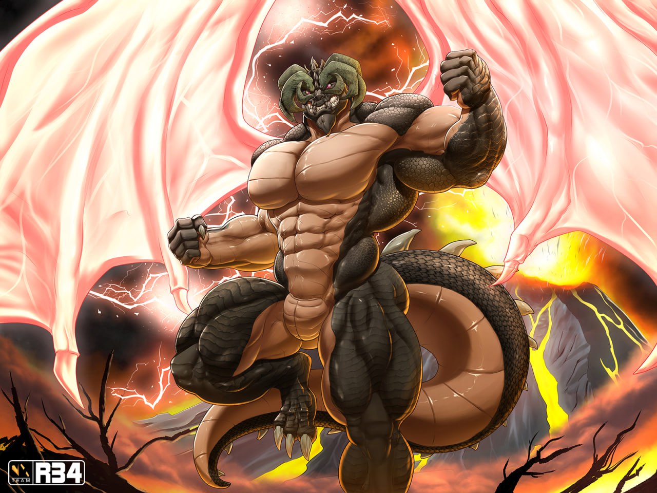 3_toes abs anthro bayle_the_dread biceps big_muscles big_pecs claws clenched_teeth dragon elden_ring european_mythology feet fist fromsoftware horn light lighting male membrane_(anatomy) membranous_wings muscular muscular_anthro muscular_male muscular_thighs mythological_creature mythological_scalie mythology nexus nude pecs pupils red_eyes scales scalie scar serratus sharp_teeth simple_background slit_pupils solo spikes spikes_(anatomy) tail teeth toes triceps volcano western_dragon wings