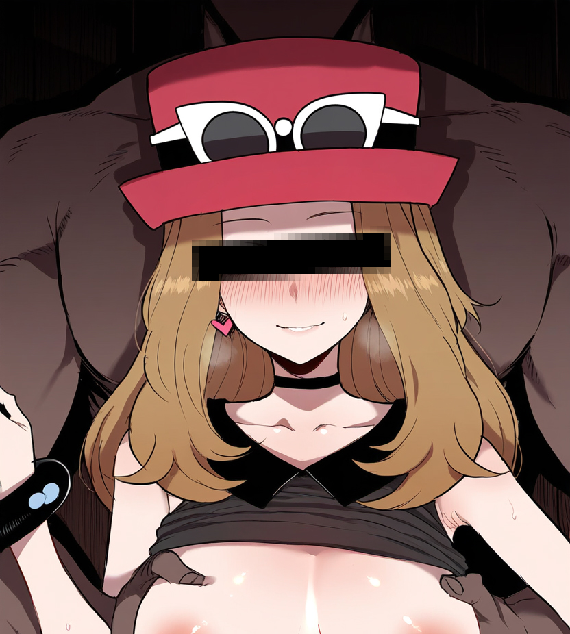 1boy 1girls ai_generated censor_bar censored censored_eyes chocker creatures_(company) dark-skinned_male game_freak garxos grabbing_breasts grabbing_from_behind heart_earrings imminent_sex light_smile male muscular_male naughty_face nintendo pokemon serena_(pokemon) size_difference sweat