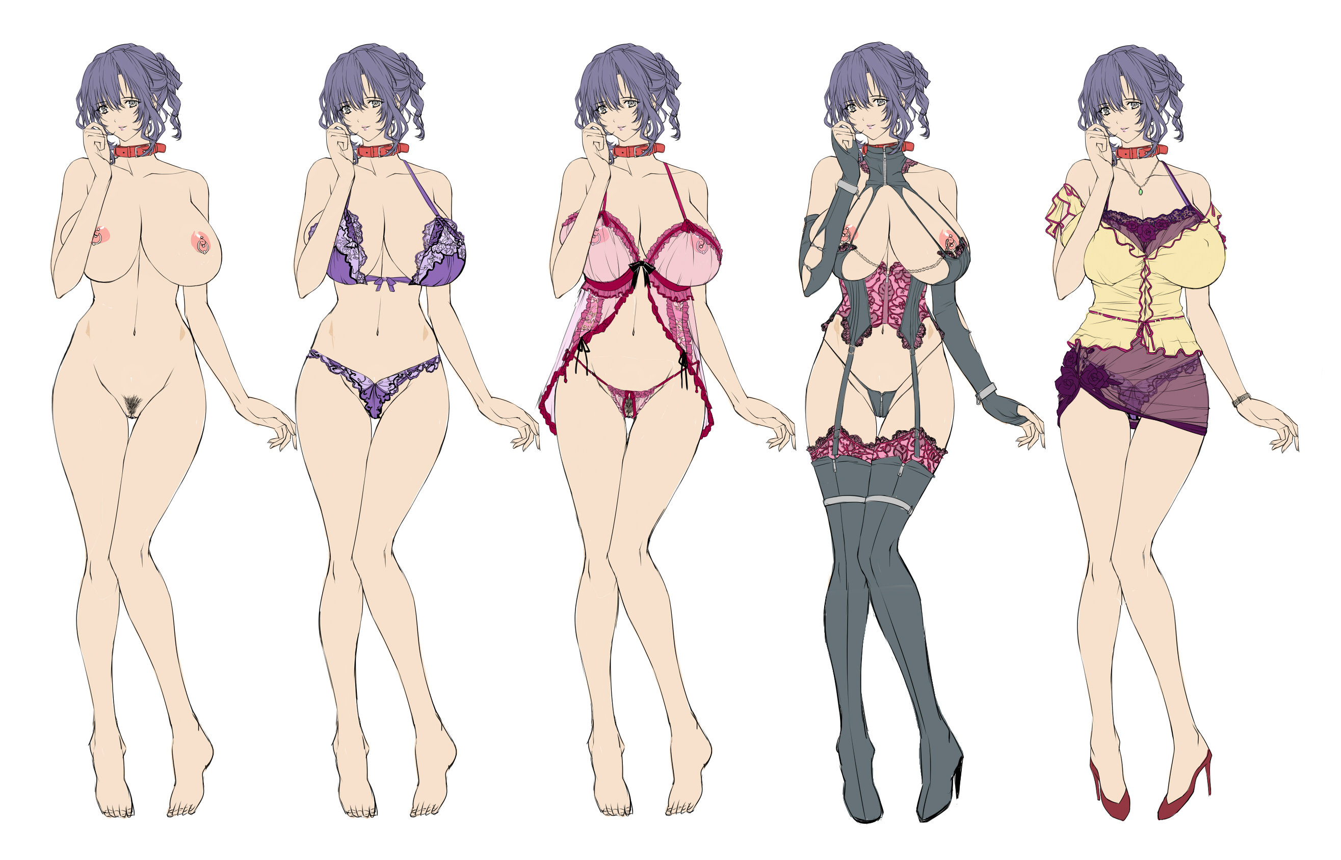barefoot, black eyes, black legwear, black panties, black thighhighs, blue hair, boots, bra, breasts, collar, comparison, copyright request, curvy, earrings, feet, female, garter straps, high heels, highres, huge breasts, jewelry, lace bra, lace panties, legs, lingerie, milf, miniskirt, multiple persona, naked thighhighs, navel, necklace, nipple piercing, nipples, nude, panties, piercing, pink panties, pubic hair, purple bra, purple panties, pussy, q azieru, see-through, shoes, short hair, short skirt, simple background, skirt, solo, standing, thigh gap, thighhighs, thighs, toes, uncensored, underwear, underwear only, white background