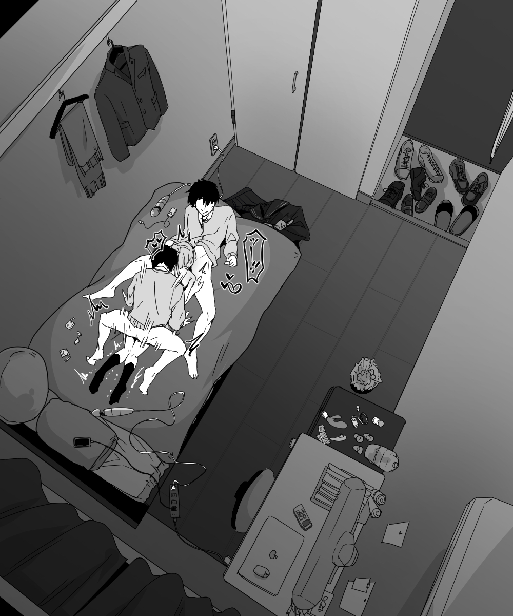 1girls, 2boys, above view, bed, bedroom, blowjob, condom, double penetration, fellatio, female, kuroki masaru, male, moaning, pussy, rape, room, shivering, tagme (artist), threesome, vaginal penetration, vibrator