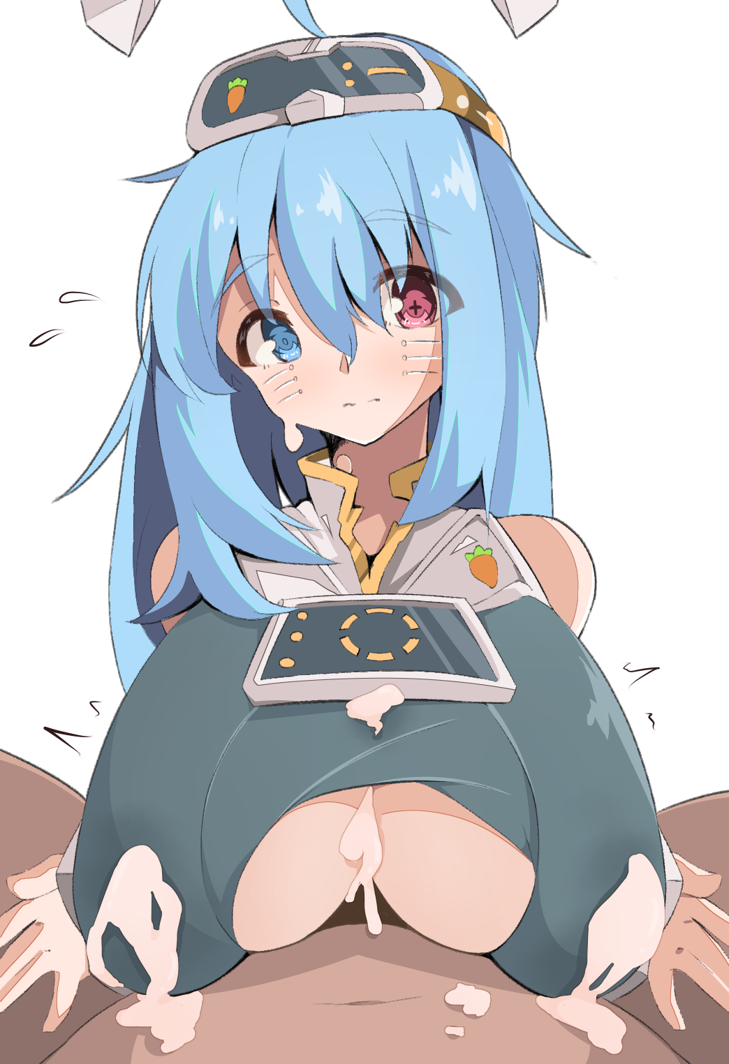 1boy 1girls big_breasts blue_hair breasts character_request copyright_request cum cum_on_breasts dark-skinned_male heterochromia lactation light-skinned_female paizuri spy_artservice tagme