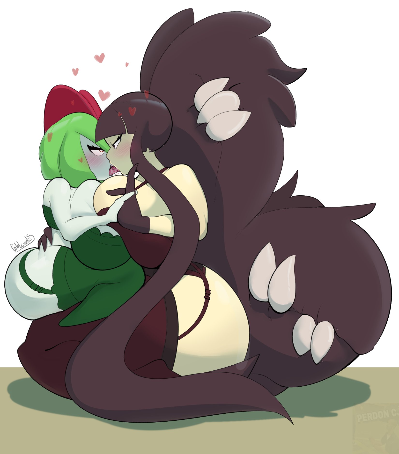 2girls, breasts, camilla (igph), female, female only, huge breasts, igphhangout, igphhangout fanart, kirlia, lesbian, mawile, pokemon, shelly (yomieskayeler), size difference, tagme, thick thighs, tongue, tongue kiss, tongue out, yomieskayeler, yuri