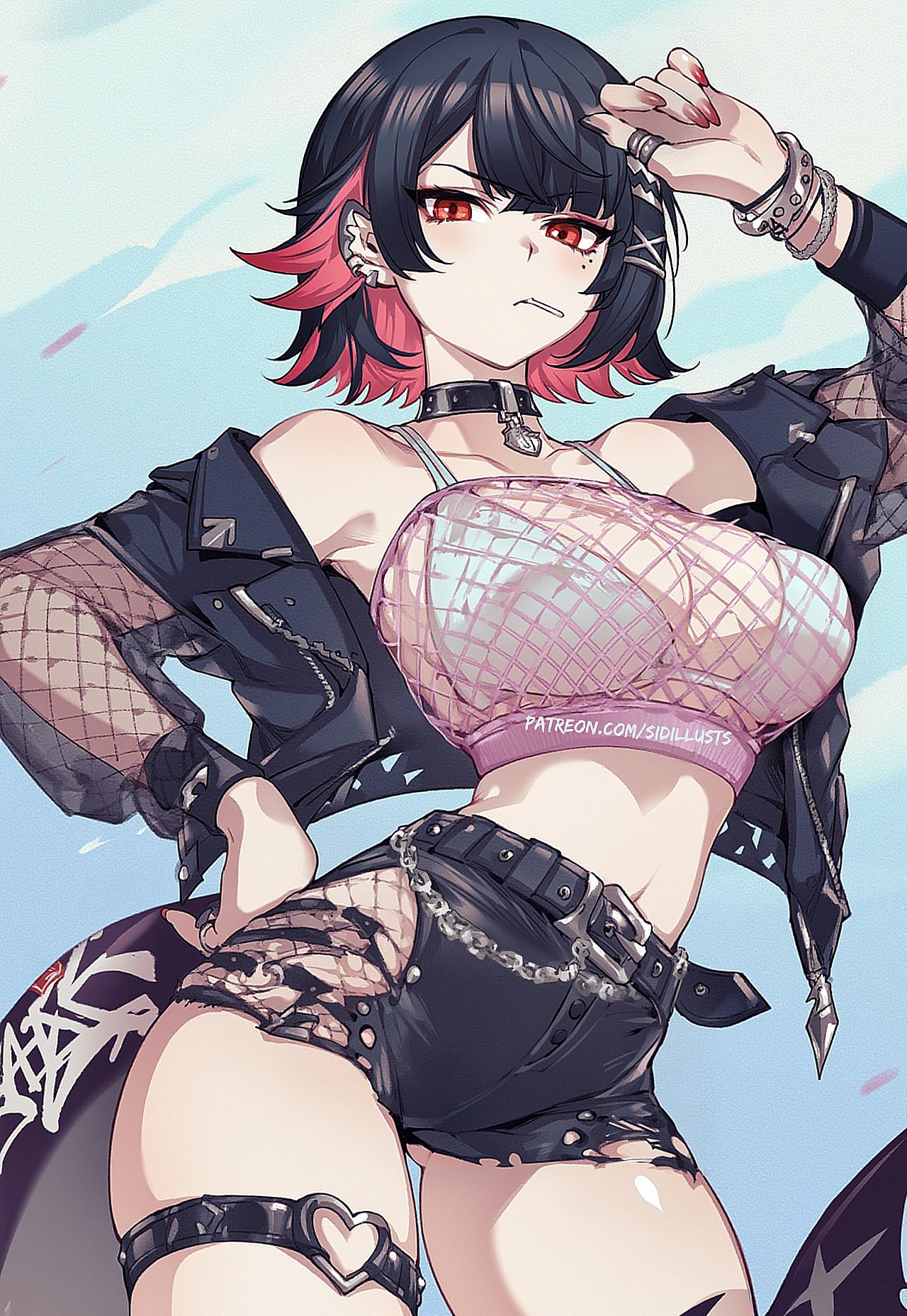 1girls, ai generated, black hair, black jacket, black shorts, bra, collar, collarbone, ellen joe, female, female only, fish, fish tail, jacket, jacket open, lollipop, lollipop in mouth, looking at viewer, red eyes, red nails, shark girl, shark tail, short hair, short shorts, sidillusts, white bra, zenless zone zero