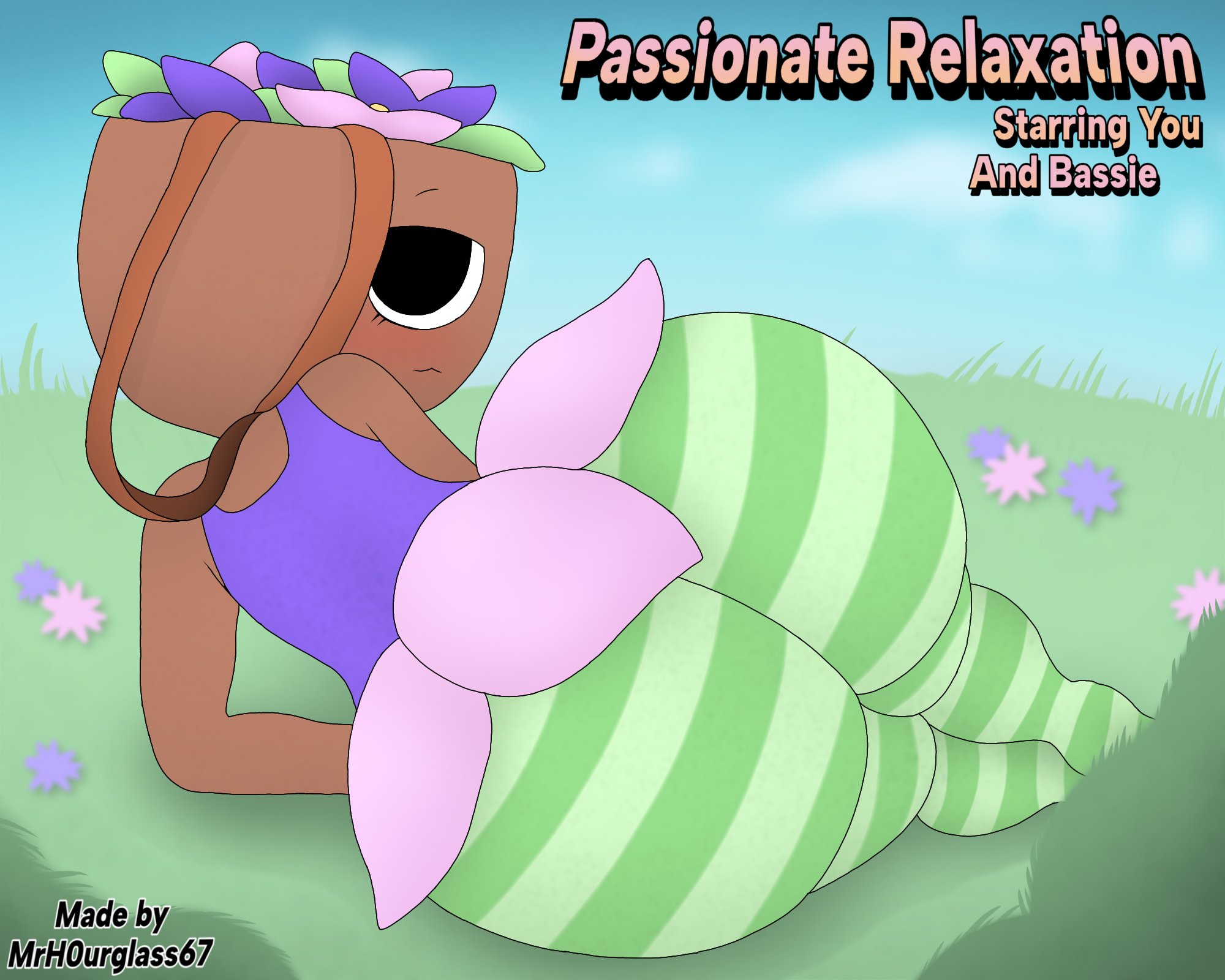 ass, ass bigger than torso, ass focus, basket, bassie (dandy's world), big ass, blush, blushing, dandy's world, dandys world, female focus, flower basket, h0urglass (artist), inviting, laying on grass, laying on side, looking at viewer, looking back, purple tank top, roblox, soft ass, striped legwear, viewed from behind