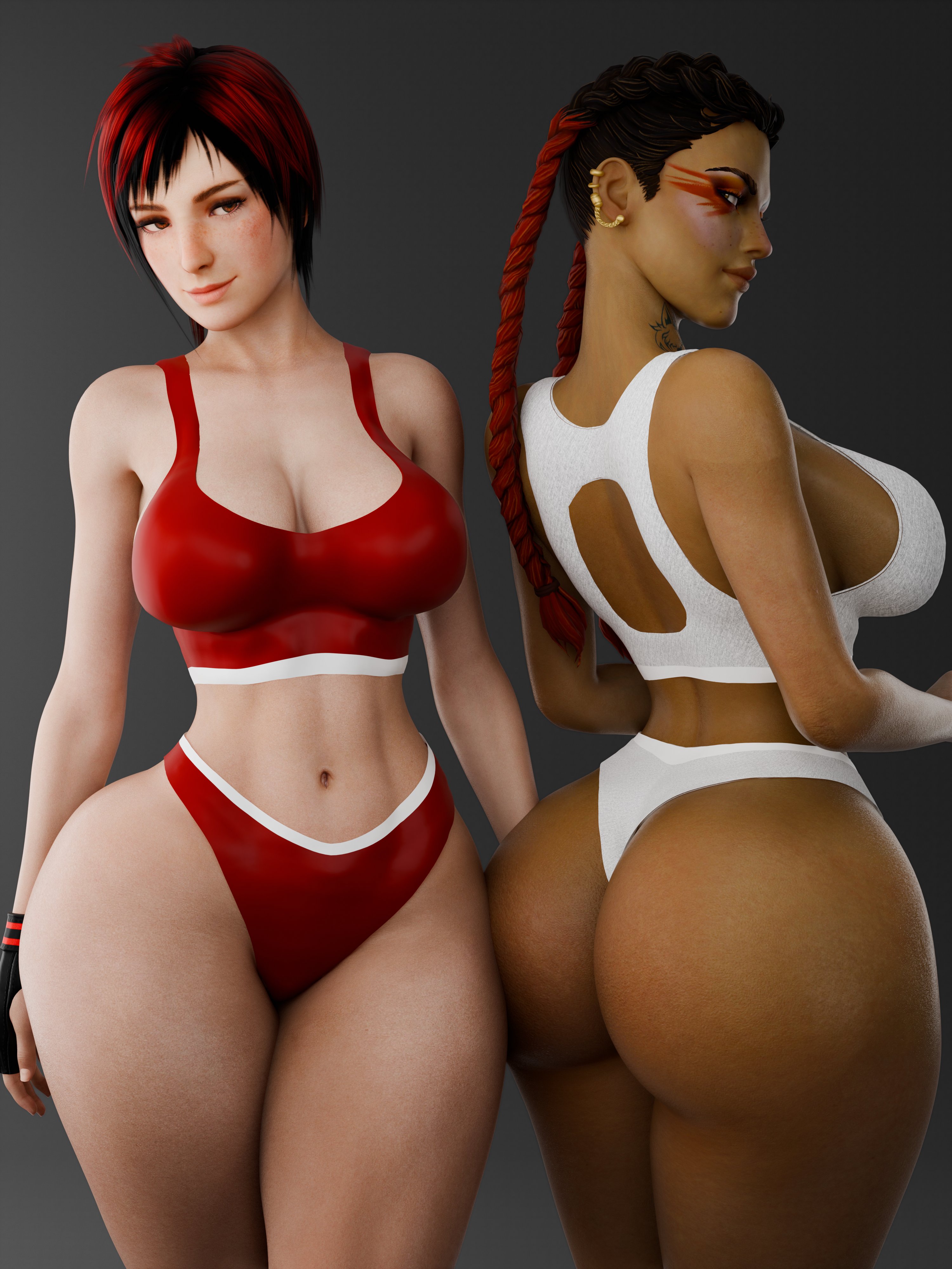 2girls, 3d, apex legends, ass, big ass, big breasts, braided hair, braided twintails, breasts, busty, chocolate and vanilla, cleavage, cpt-flapjack, crossover, dark skin, dark-skinned female, dead or alive, ear piercing, eastern and western character, female, female only, huge ass, latina, lieutenant flapjack, light skin, light-skinned female, loba (apex legends), long hair, looking at viewer, mila (doa), navel, panties, red hair, redhead, short hair, tagme, thick ass, thick thighs, two-tone hair, wide hips