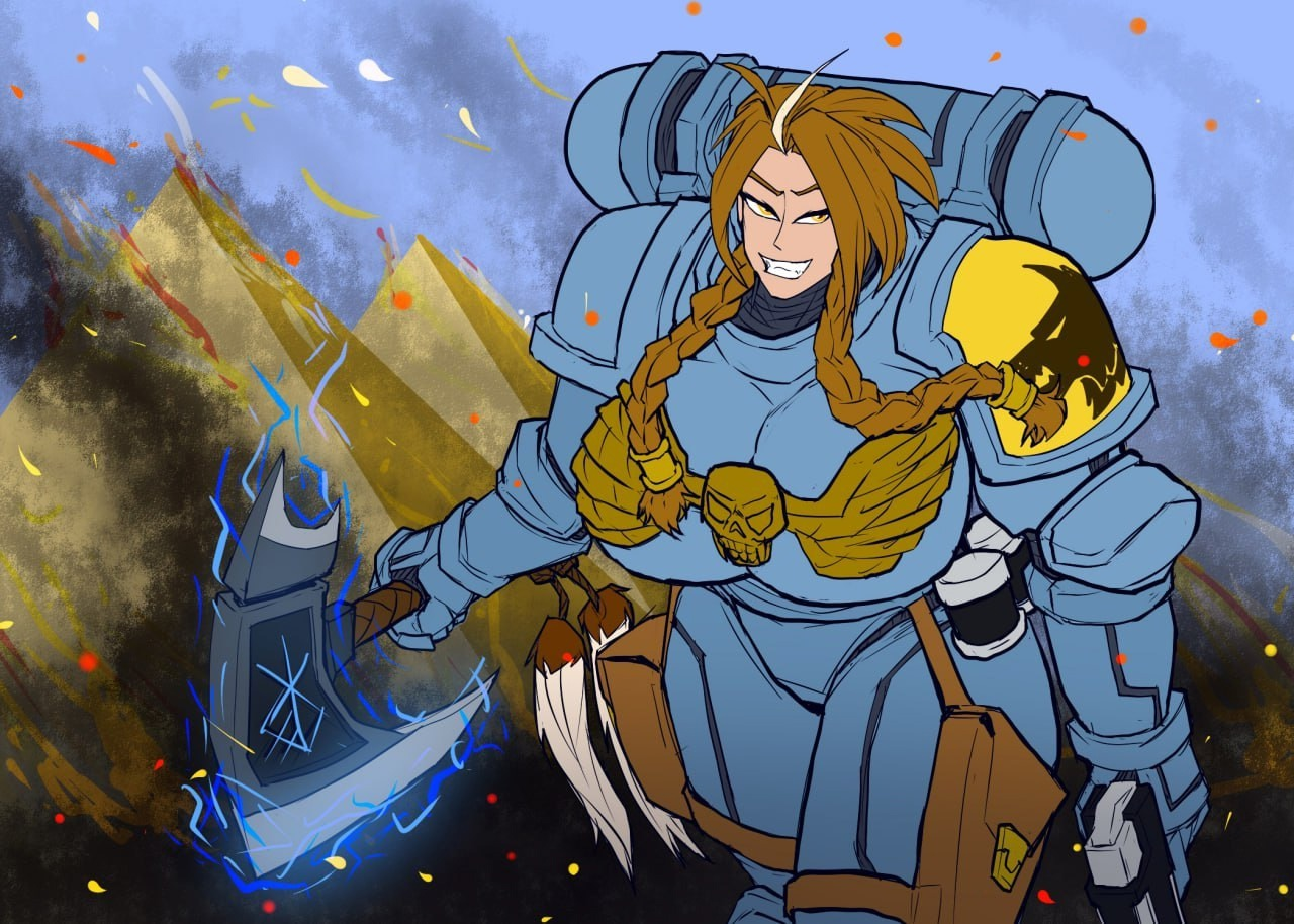 1girls, adeptus astartes, big breasts, breasts, female, female space marine, imperium of man, jon freeman, looking at viewer, power armor, power armor (warhammer), rule 63, space marine, tomboy, warhammer (franchise), warhammer 40k