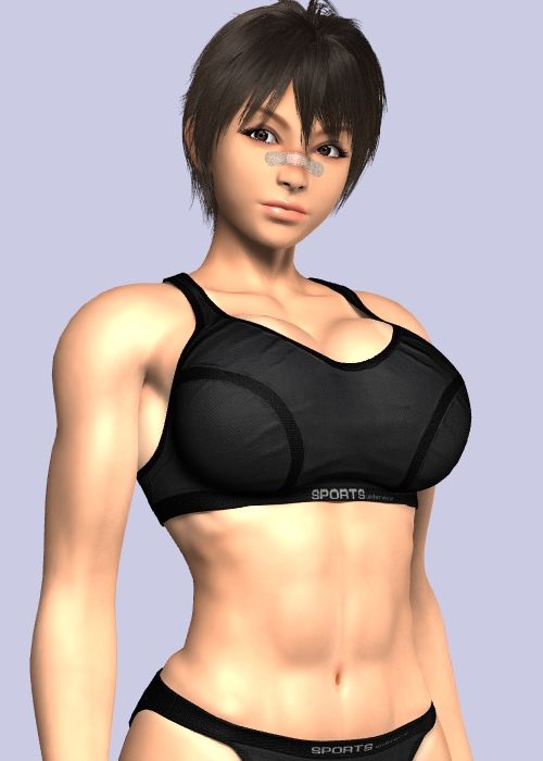 1girls 3d abs ayane_tendo band-aid bandaid_on_nose black_bra black_hair black_panties breasts busty cleavage female game_of_lascivity_omega_2 muscle navel short_hair solo sports_bra tomboy umemaro umemaro_3d