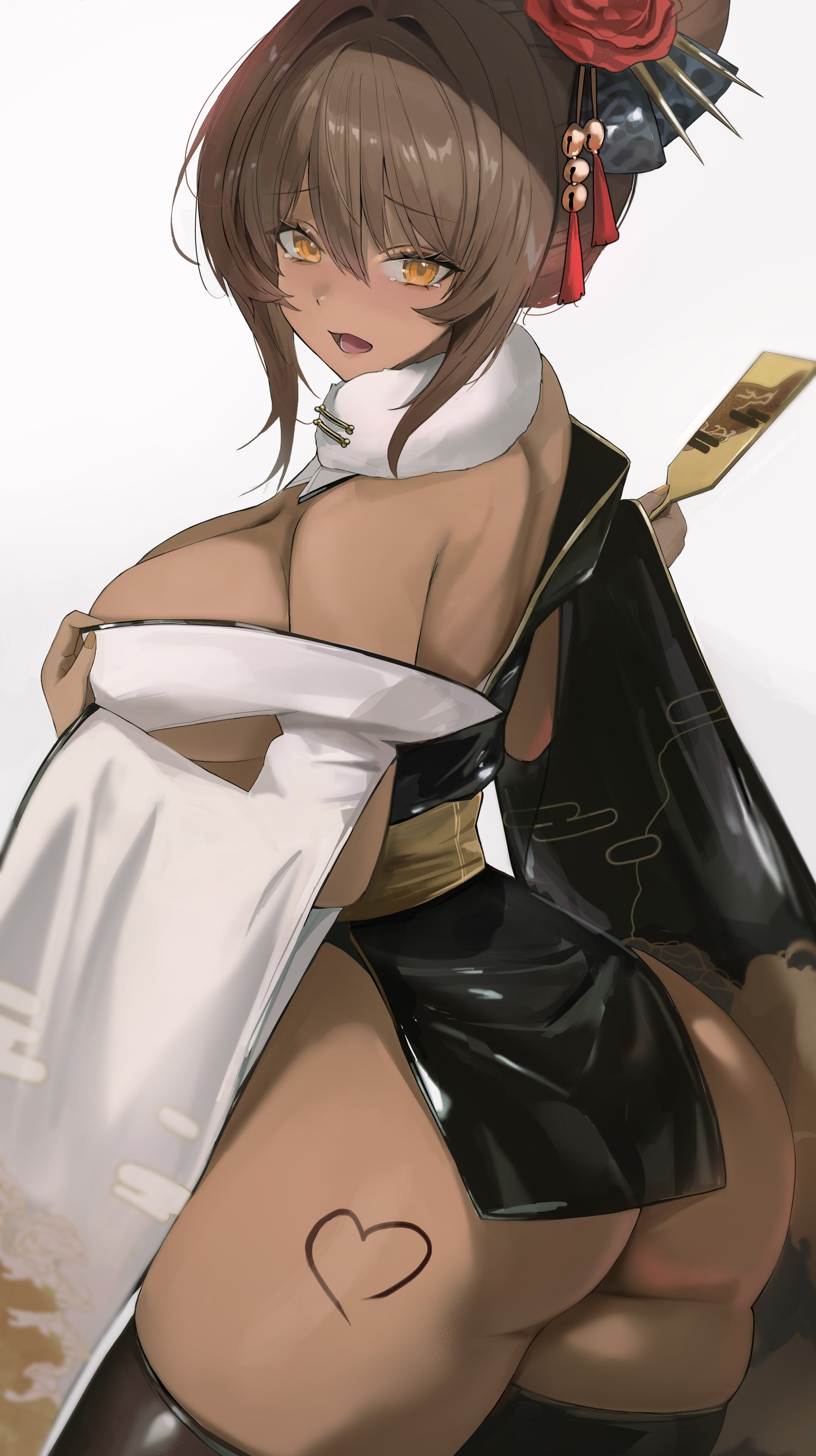 absurdres, ass, black kimono, dark skin, dark-skinned female, female, from behind, fur collar, goddess of victory: nikke, heart, heart tattoo, highres, japanese clothes, kimono, multicolored kimono, noir (black rabbit) (nikke), noir (nikke), official alternate costume, sloan (shakabrah), solo, tattoo, two-tone kimono, white kimono
