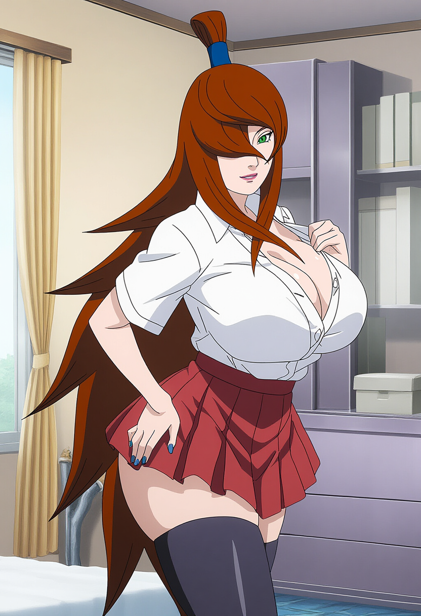1girls ai_generated bare_chest big_ass big_breasts breasts breasts_bigger_than_head brown_hair bursting_breasts busty cleavage cleavage_overflow clothing fantasyprompt female female_focus female_only green_eyes hourglass_figure huge_ass huge_breasts lipstick long_hair looking_at_viewer makeup mature mature_female mei_terumi messy_hair milf nail_polish naruto naruto_(series) naruto_shippuden pinup pleated_skirt revealing_clothes school_uniform schoolgirl seductive seductive_eyes seductive_look seductive_smile shirt skimpy skimpy_clothes skirt slim_waist smile solo solo_focus stockings thick_thighs thighs tied_hair top_heavy top_heavy_breasts topknot upper_body very_long_hair voluptuous voluptuous_female wide_hips