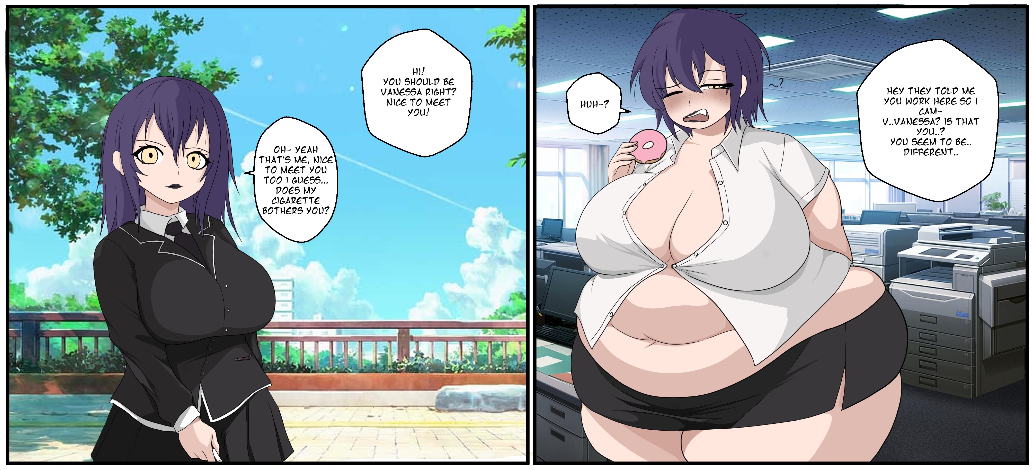 1girls, bbw, before and after, breasts, cleavage, dialogue, female, female only, gigantic breasts, huge breasts, human, obese female, overweight, overweight female, revealing clothes, solo, solo female, text, transformation, vanjun, weight gain
