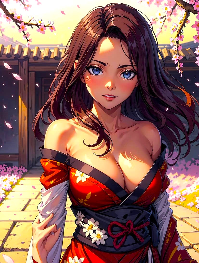 1girls ai_generated anime anime_girl arczisan attractive babe bangs beautiful beautiful_background beautiful_females breasts brick brick_floor brown_hair_female cana_alberona cherry_blossoms cleavage collarbone cute evening fairy_tail falling_petals fancy_clothing fantasy female_focus flower gate golden_week ground japan japanese_clothing looking_at_viewer lovely obi off_shoulder off_shoulder_kimono petals pink_flower posing red_kimono shiny_skin shonen_jump smiling solo spring stable_diffusion sunset upper_body wood wooden_fence