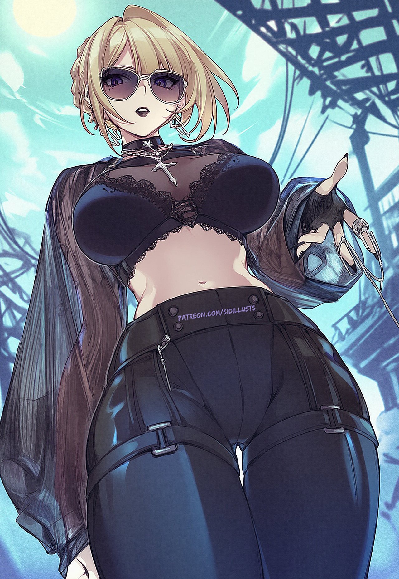 1girls, ai generated, black lipstick, black nails, black pants, blonde female, blonde hair, evelyn chevalier, female, goth, looking at viewer, midriff, shades, sidillusts, sunglasses, tinted eyewear, zenless zone zero