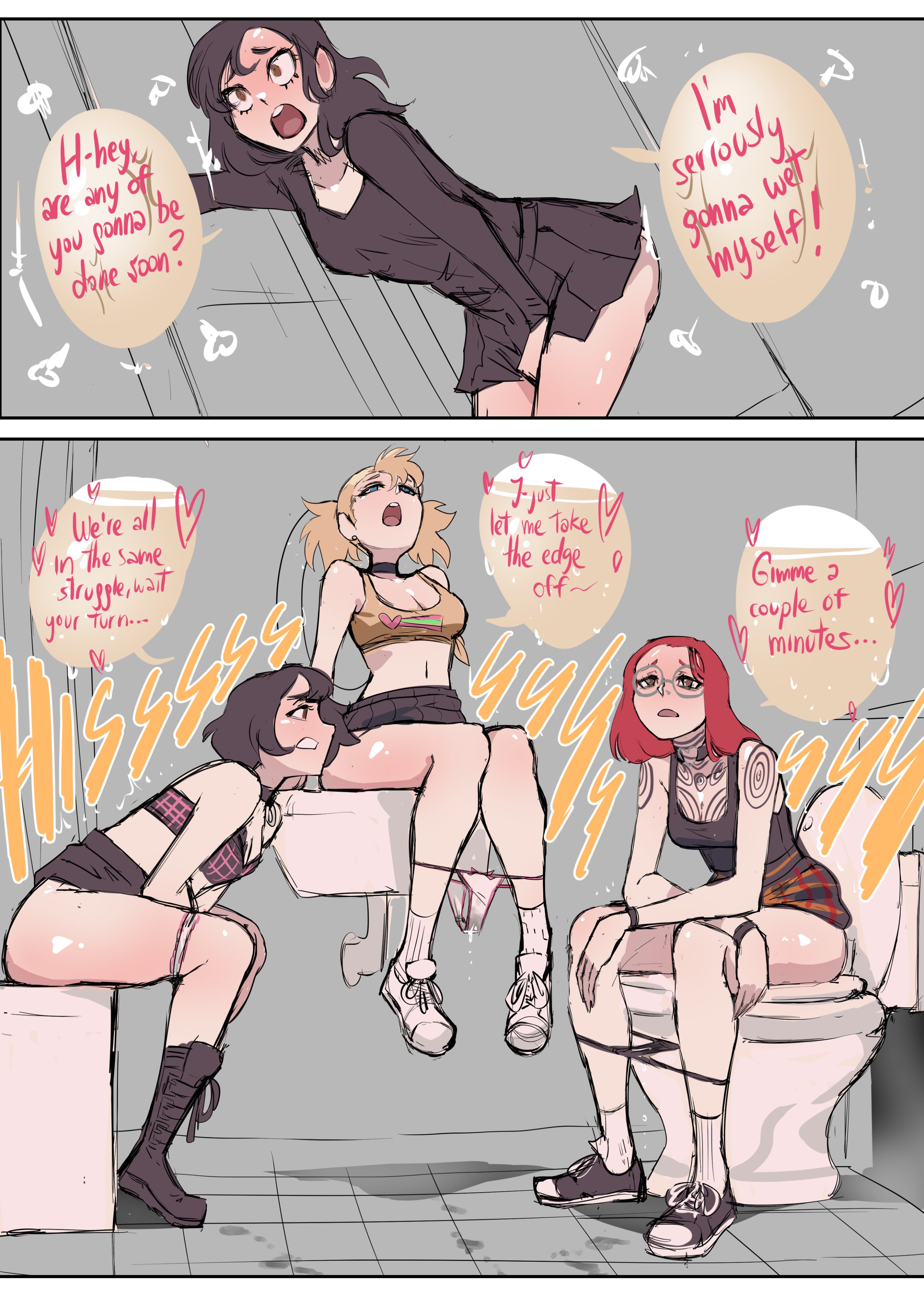 2koma, 4girls, ass, bathroom, between legs, big breasts, biku, black boots, black choker, black footwear, black hair, black shirt, black skirt, blonde hair, boots, bow, bow panties, breasts, brown eyes, choker, cleavage, clenched teeth, clothes lift, clothes pull, comic, english text, eyewear, female, female only, glasses, hand between legs, hand between own legs, have to pee, jessica (biku), lace choker, lace choker girl (biku), large breasts, long sleeves, multiple females, multiple girls, open mouth, original, original character, panty pull, peeing, peeing in bath, peeing in sink, peeing together, red hair, red-haired tattoo girl (biku), shiny skin, shirt, shoes, short black hair, short black-haired girl (biku), short hair, short red hair, sitting on bath, sitting on bathtub, sitting on sink, sitting on toilet, skirt, skirt lift, sneakers, socks, speech bubble, stained panties, tattoo, text, text bubble, thick thighs, thighs, toilet, toilet use, tongue, wet, wet panties, white footwear, white panties, white shoes, white sneakers, white socks