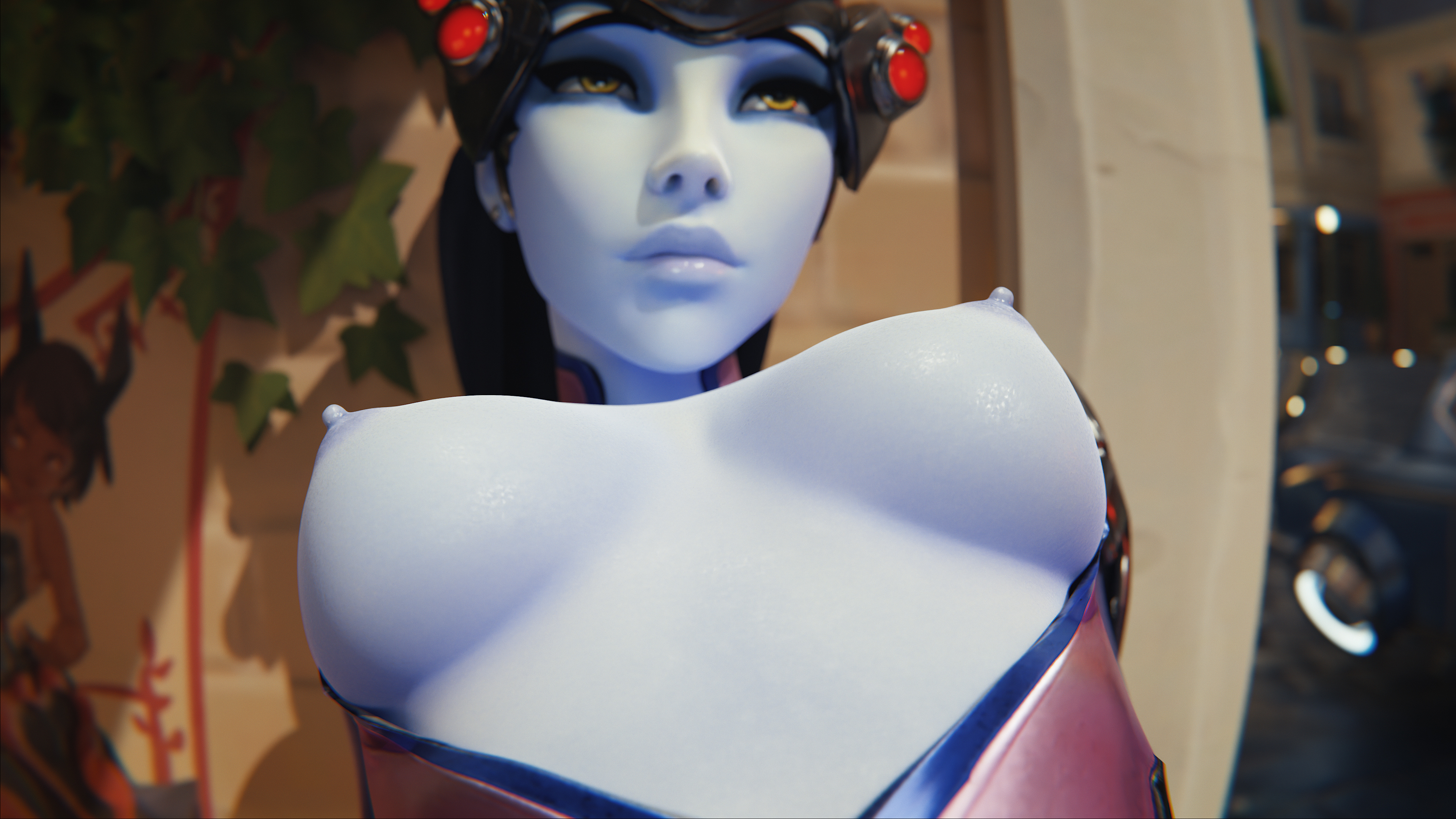 1girls, 2025, 3d, 4k, amelie lacroix, areolae, blue eyeshadow, blue skin, blue skinned female, bodysuit, breasts, breasts out, detailed background, earrings, exposed breasts, eyeshadow, female, female only, glossy lips, in-game background, in-universe location, jpeg, leaning against wall, leaning back, lips, medium breasts, nipples, outdoor nudity, outdoors, overwatch, overwatch 2, paris, rescraft, solo, widowmaker, yellow eyes