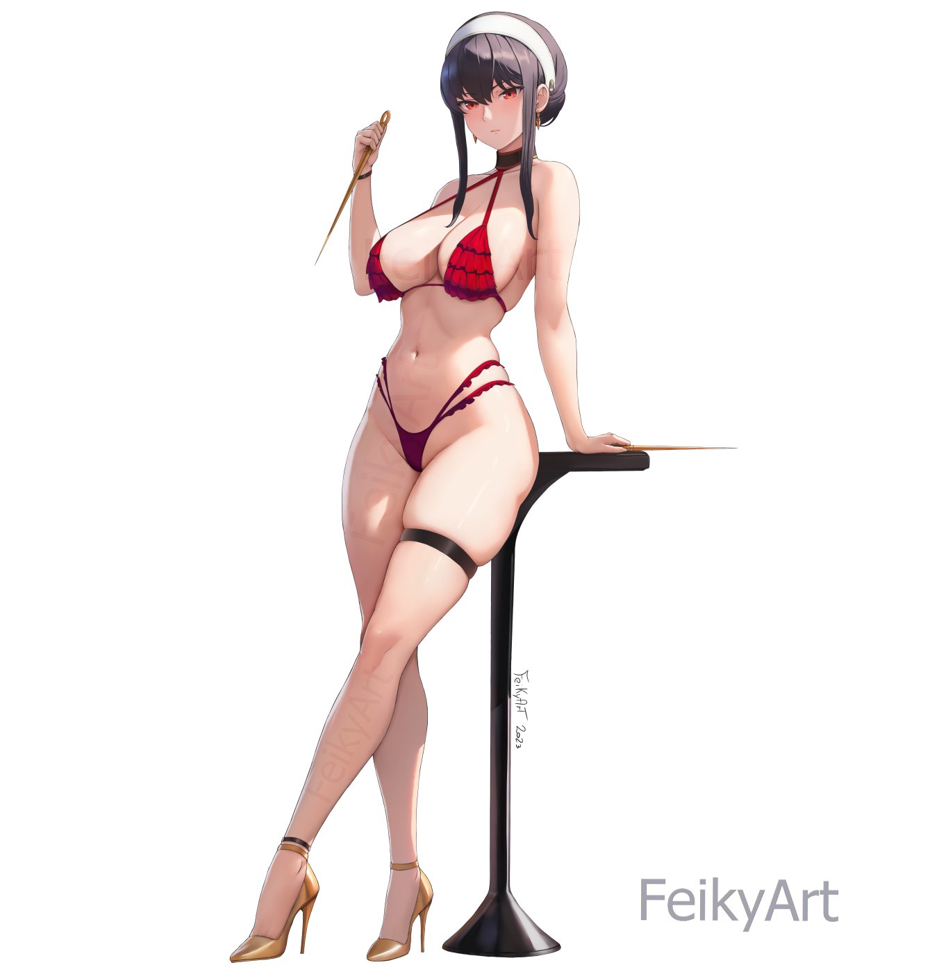 1girls, bikini, breasts, feikyart, female, female focus, female only, high heels, highres, hourglass figure, human, human female, large breasts, light skin, light-skinned female, looking at viewer, navel, slim waist, solo, solo female, solo focus, spy x family, stiletto (weapon), swimsuit, thick thighs, thigh strap, thighs, weapon, white background, wide hips, yor briar