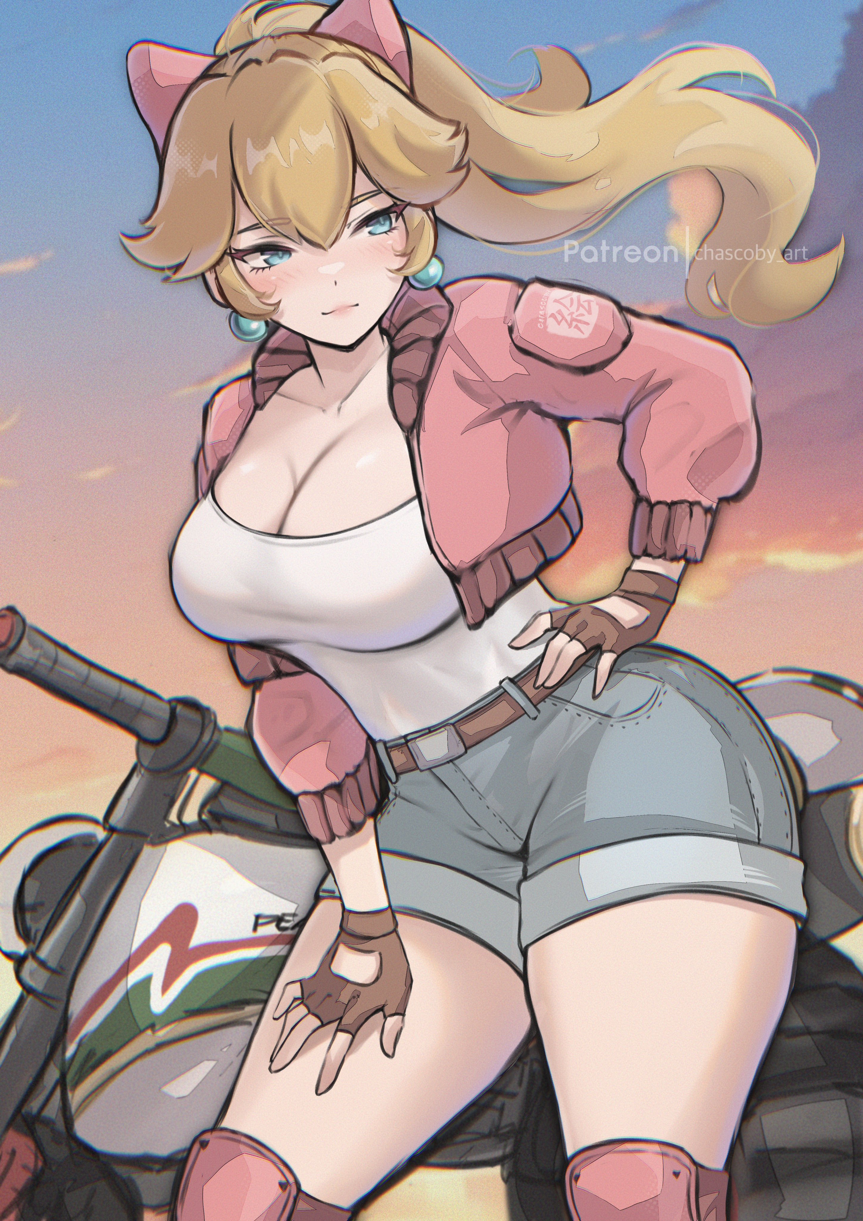 1girls, blonde hair, blue eyes, breasts, chascoby, cleavage, female, female focus, female only, gloves, large breasts, light skin, light-skinned female, looking away, mario (series), mario kart, mario kart world, motorcycle, nintendo, official alternate costume, princess peach, princess peach (touring), rally bike (mario kart), solo, thick thighs, thighs, vehicle, wide hips