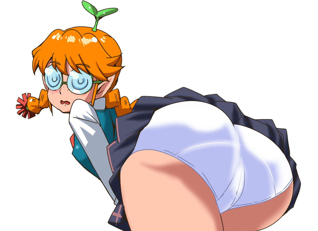 ass bent_over braid dat_ass female freckles_(space_dandy) glasses opaque_glasses orange_hair panties round_glasses space_dandy twin_braids underwear upskirt white_background