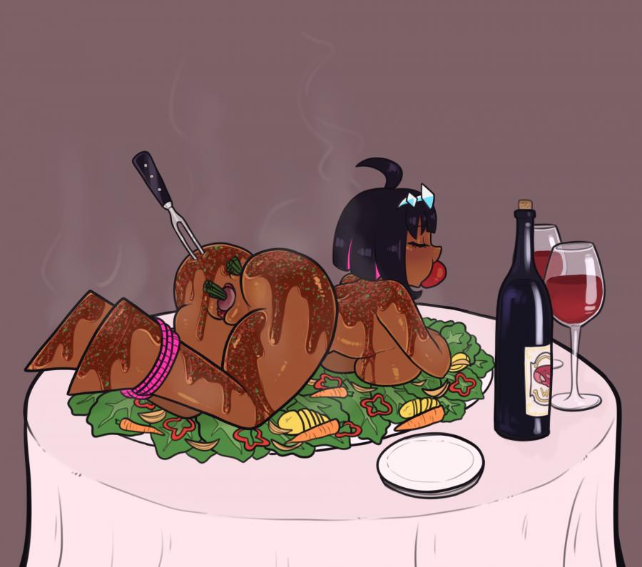 apple_in_mouth big_ass cannibalism cosmic_horror dinner food fork friday_night_funkin friday_night_funkin_mod guro meat nikusa_(fnf) nikusa_(sugarratio) pale-skinned_female sugarratio table vore