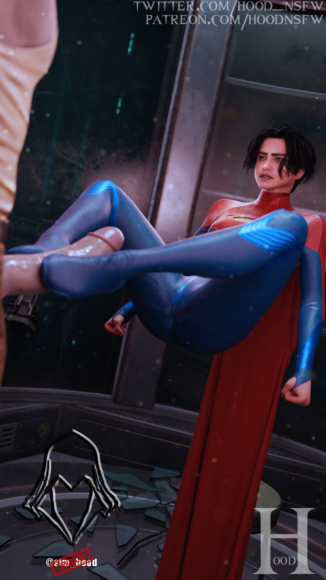 1boy, 1girls, 3d, black hair, clothed, clothed female nude male, dc, dc comics, erection, female, foot fetish, footjob, hood nsfw, male, nude, nude male, penis, shoejob, short hair, supergirl, supergirl (sasha calle), superman (series)