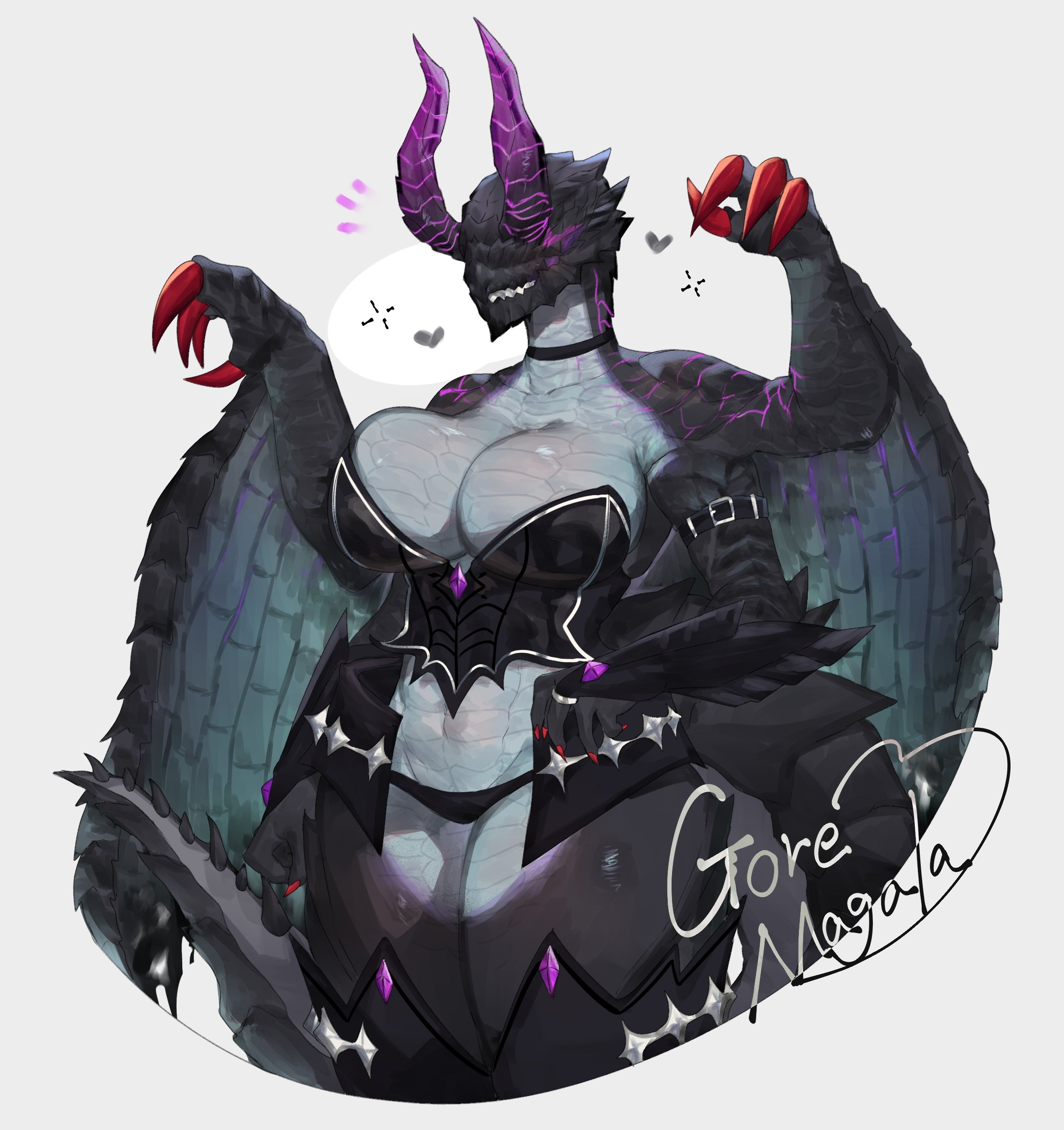 1girls, anthro, armwear, big breasts, black scales, breasts, capcom, choker, cleavage, clothing, corset, countershading, dragon, english text, eyeless, female, female only, gore magala, heart, hi res, horns, legwear, mammal, monster hunter, panties, scales, scalie, solo, tail, text, thick thighs, toge77789, togetoge, white background, wings