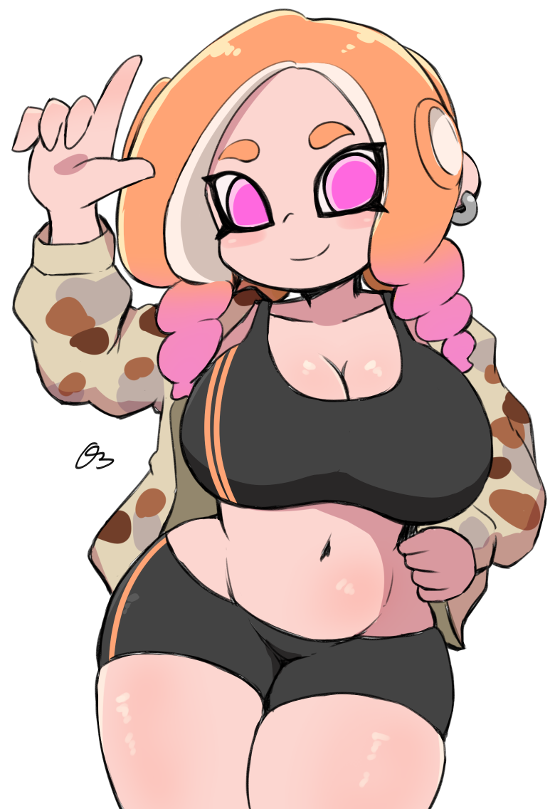 1girls artist_signature big_breasts blush bra breasts cleavage coat female light_skin looking_at_viewer makino_nono midriff navel octoling octoling_girl oni_wasabi_(makino_nono) orange_hair pink_eyes shorts simple_background smile solo splatoon splatoon_(series) splatoon_3 sports_bra thighs wide_hips