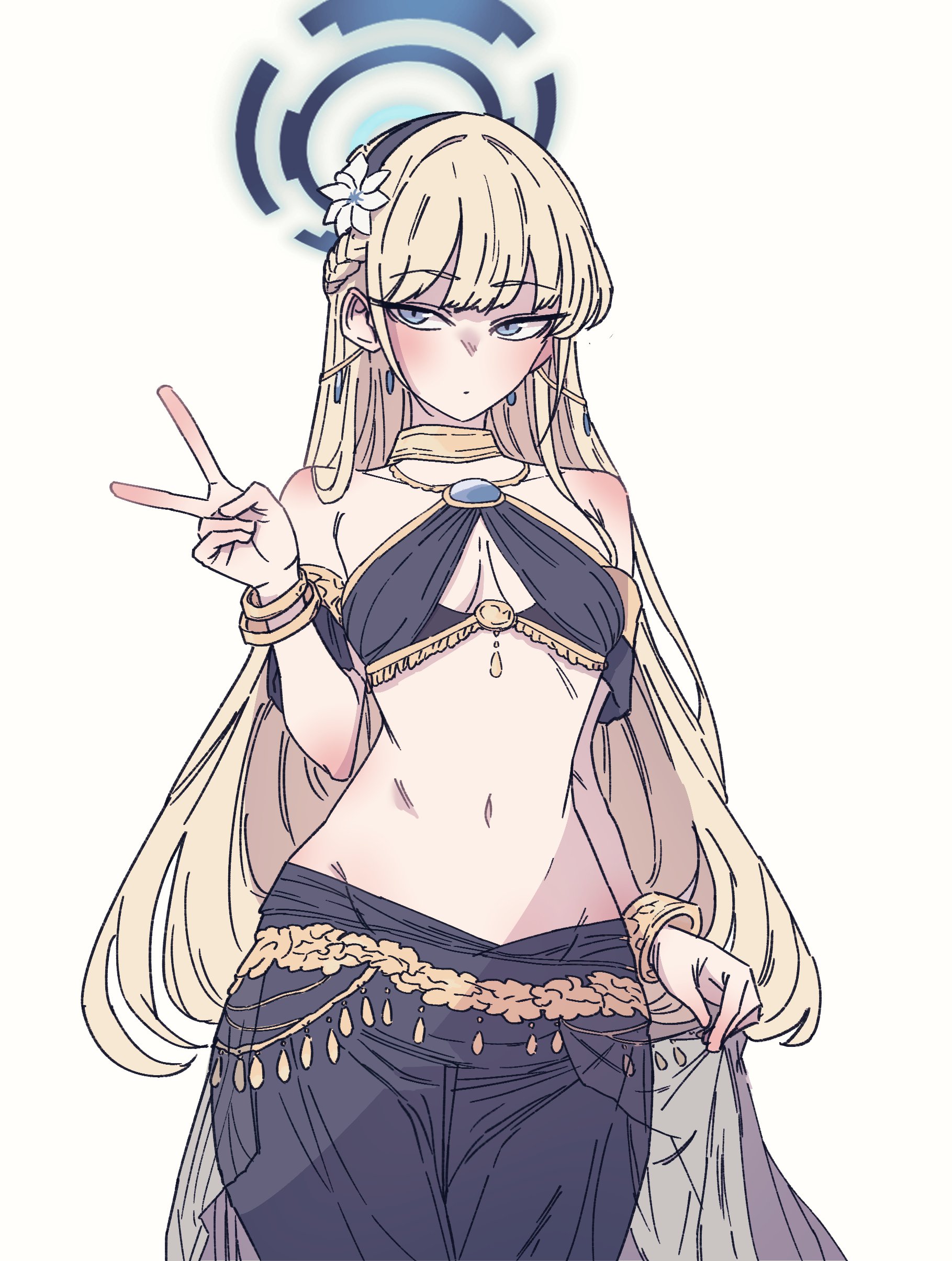 1girls, anygatsby, blonde hair, blue archive, exotic dancer, female, half naked, halo, jewelry, long hair, peace sign, solo female, toki (blue archive)
