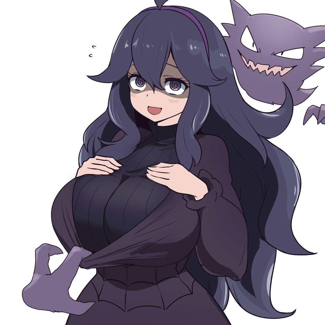 @ @, 1girls, ahoge, bangs, big breasts, blush, breasts, busty, cleavage, clothed, clothes pull, clothing, creatures (company), curvy, curvy female, dark hair, disembodied hand, female, female focus, female only, flying sweatdrops, game freak, hair between eyes, hairband, hands on breasts, haunter, heart, hex maniac, large breasts, long hair, nervous smile, nintendo, npc, npc trainer, okamura, pokemon, pokemon trainer, pulled by another, purple hair, shy, shy smile, sidelocks, smile, solo, solo female, wavy hair, wide hips