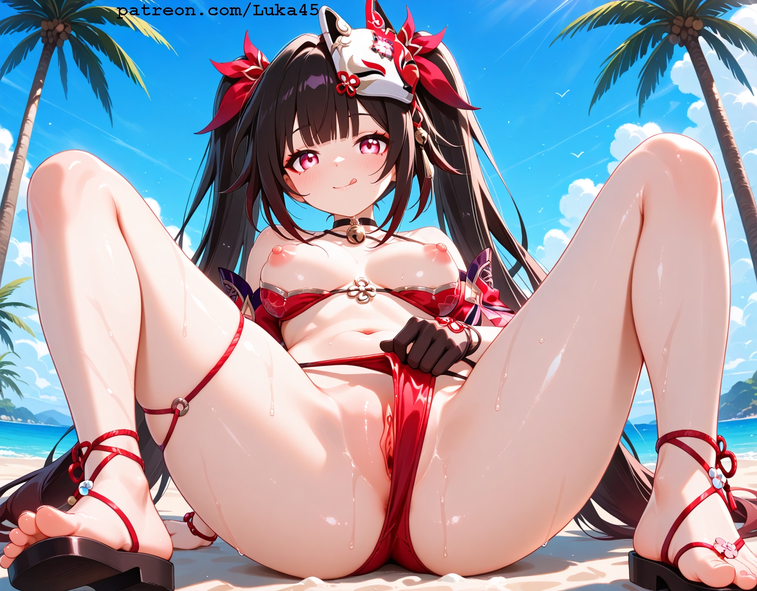 1girls, ai generated, beach, bikini, black hair, blush, breasts, feet, female, flashing, flashing breasts, flashing pussy, fox mask, gloves, honkai: star rail, hoyoverse, luka45, lying, lying down, mihoyo, navel, necklace, nipples, palm tree, patreon, patreon reward, patreon url, patreon username, pink eyes, pull out, pulling clothing, pussy, sand, sandals, smile, smiling, smiling at viewer, solo, sparkle (honkai: star rail), thighs, toes, tongue, twintails, wet, wet body
