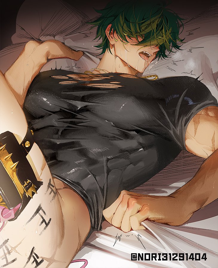 1boy ^^^ arm_up bed_sheet black_shirt body_writing bottomless commentary covered_abs covered_eyes covered_nipples covered_pectorals drooling gay green_hair hair_over_eyes jewelry leg_up lighter_(zenless_zone_zero) lying male male_focus motion_lines multiple_scars muscular muscular_male necklace on_back open_mouth pectorals pouch runa_(nori31291404) saliva scar scar_on_arm sex_toy sheet_grab shirt short_hair solo symbol-only_commentary teeth thigh_pouch thigh_strap tongue torn_clothes torn_shirt twitter_username upper_teeth_only veins veiny_arms vibrator vibrator_in_thigh_strap zenless_zone_zero