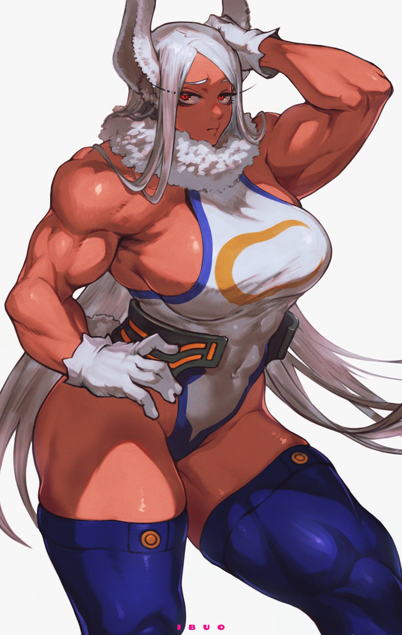 1girls, 2023, animal ears, artist name, ass, bare shoulders, big ass, big breasts, breasts, bunny ears, clothing, collarbone, curvy, dark skin, dark-skinned female, disappointed, eyelashes, female, female focus, female only, fur collar, gloves, half-closed eyes, hand on head, hand on hip, highleg, highleg leotard, highres, hips, human, ibuo, large ass, large breasts, legwear, leotard, lips, long hair, looking at viewer, looking to the side, miruko, muscular, muscular female, my hero academia, navel, navel visible through clothes, pinup, red eyes, revealing clothes, rumi usagiyama, shiny skin, sideboob, simple background, skimpy, sleeveless, solo, solo female, stockings, tail, thick thighs, thighhighs, thighs, turtleneck, voluptuous, watermark, white background, white hair, wide hips