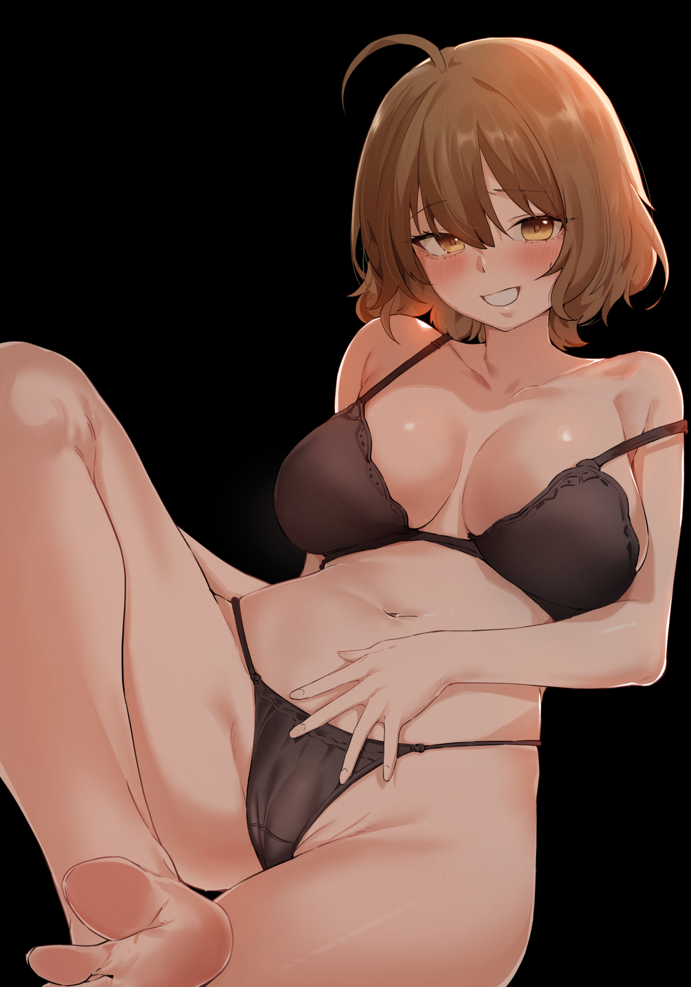 ahoge, anis (nikke), artist request, bare arms, bare legs, bare shoulders, barefoot, black background, black bra, black panties, blush, bra, breasts, brown eyes, brown hair, feet, female, goddess of victory: nikke, grin, hair between eyes, highres, large breasts, looking at viewer, navel, panties, reclining, short hair, simple background, smile, solo, strap slip, string panties, toes, underwear, underwear only, uno (unozyang)