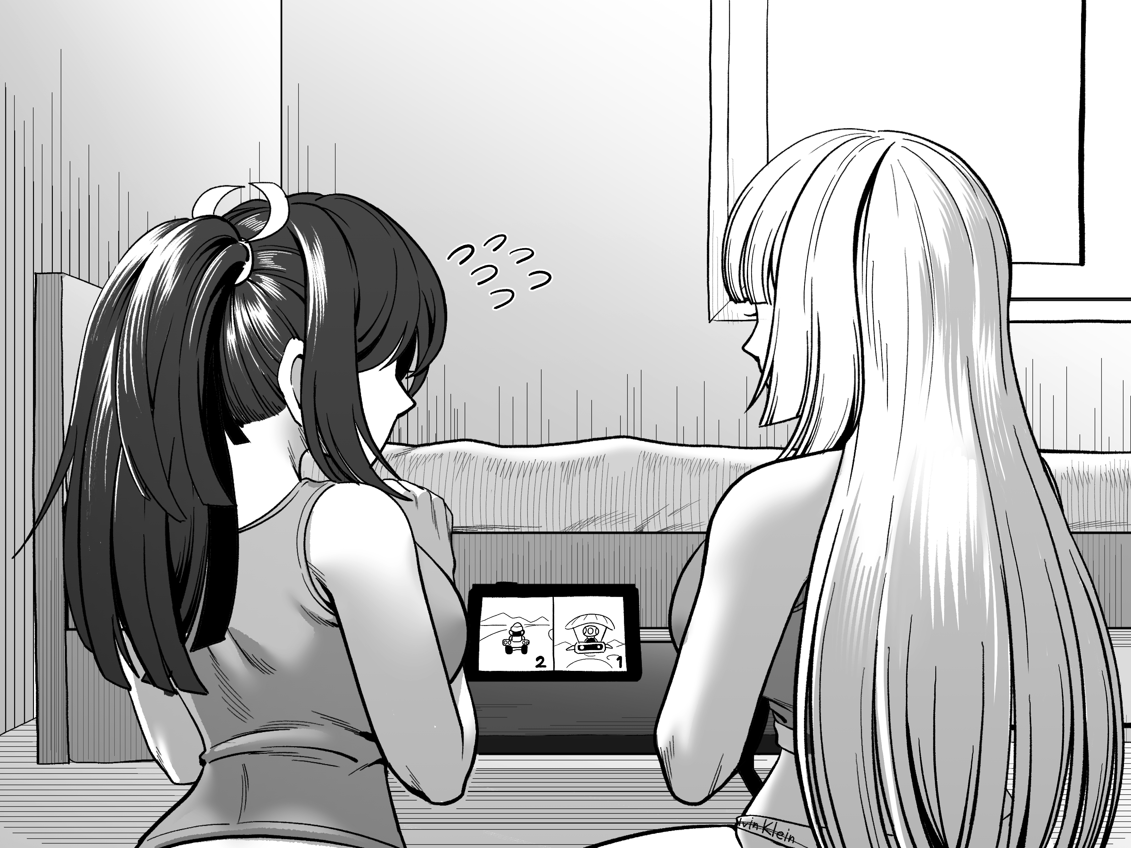 1futa, 1girls, bed, bedroom, breasts, capcom, clothed, clothed female, clothing, emilie de rochefort, fatal fury, female, futa on female, futanari, huge breasts, intersex, king of fighters, long hair, looking back, mai shiranui, mai shiranui (casual), monochrome, nintendo, nintendo controller, nintendo switch, queen's gate, sitting, snk, tekken, tekken 8, tekkin papa, video games
