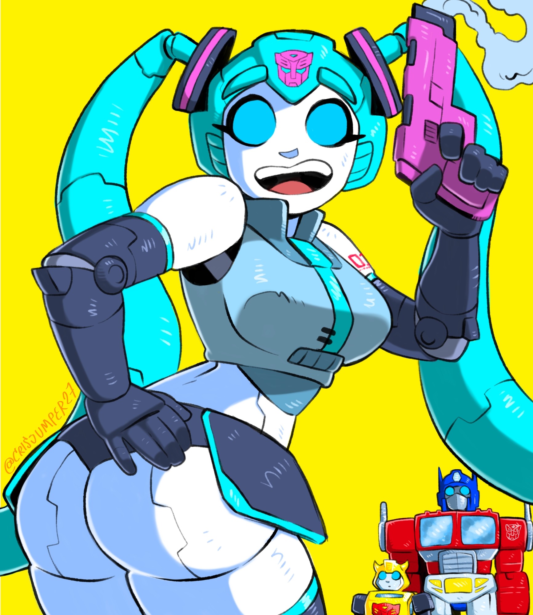 1girl, 2boys, ass, autobot, big ass, big breasts, big butt, big thighs, big titties, blue eyes, breasts, bumblebee (transformers), crisiyotron, crossover, curvaceous, curvaceous female, curvaceous figure, curvy, curvy figure, cyan hair, elcrisiyoo, female, female focus, gun, hand on hip, handgun, hatsune miku, hatsune miku (cosplay), holding, holding gun, holding weapon, insignia, long hair, looking at viewer, mecha, multiple boys, necktie, open mouth, optimus prime, original, original character, robot, science fiction, smile, smoke, transformers, twintails, twitter username, vocaloid, weapon, yellow background