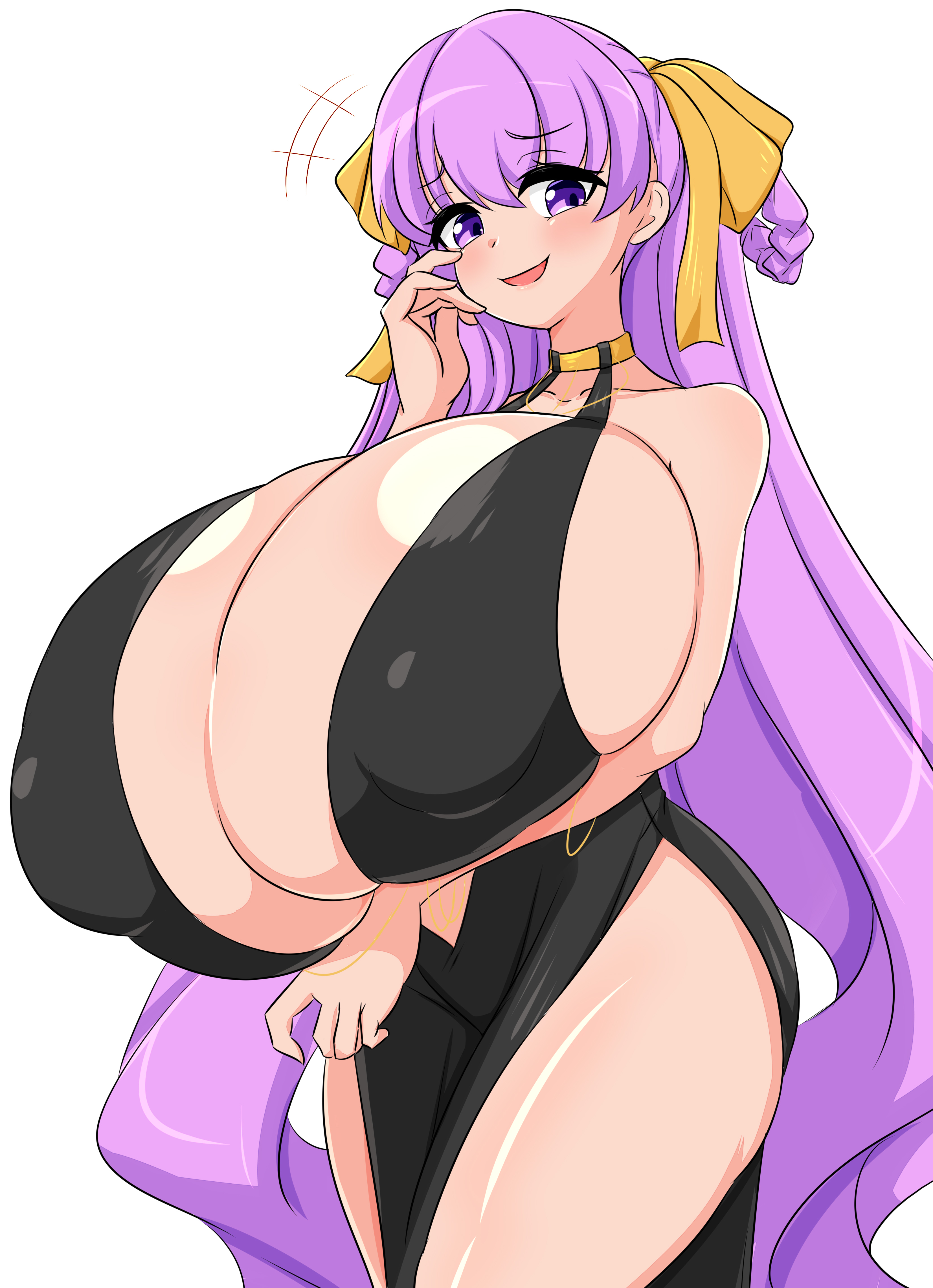 1girls, bare legs, bare shoulders, bb dubai (fate), black dress, blush, braided hair, breasts, breasts bigger than head, center opening, cleavage, dress, eyebrows visible through hair, fate (series), fate/grand order, female, female only, gigantic breasts, hair rings, huge breasts, light skin, light-skinned female, long hair, looking at viewer, moyashi udon, nipple bulge, purple eyes, purple hair, smile, smug, solo, thick thighs, very long hair