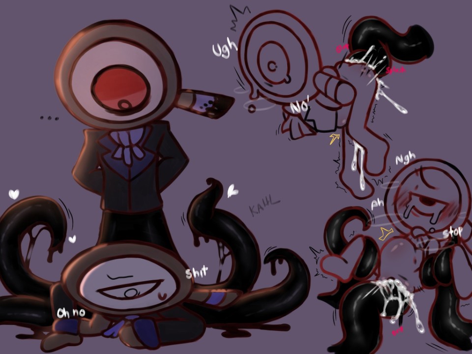 artist request, capsule, dandy's world, english text, implied cumflation, rape, researcher, rodger (dandy's world), selfcest, simple background, tagme, tentacle, tentacle rape, tentacle sex, twisted rodger (dandy's world)